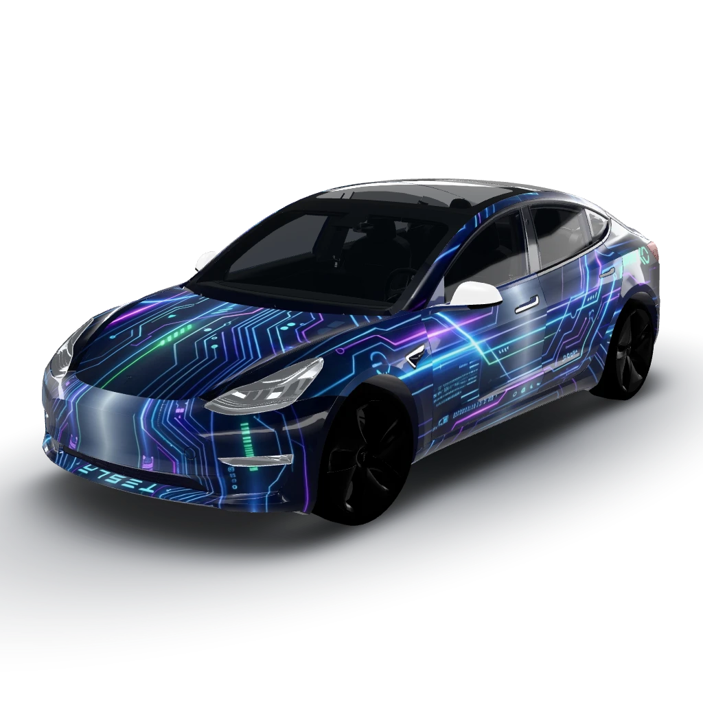 Futuristic design — a Model 3 wearing this AI wrap design