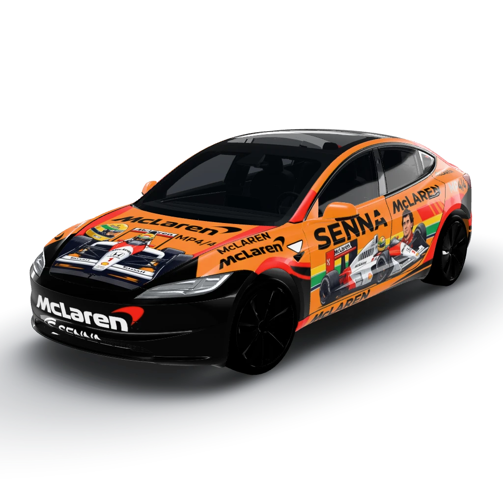Senna Mclaren — a Model 3 (2024+) Standard & Premium wearing this AI wrap design