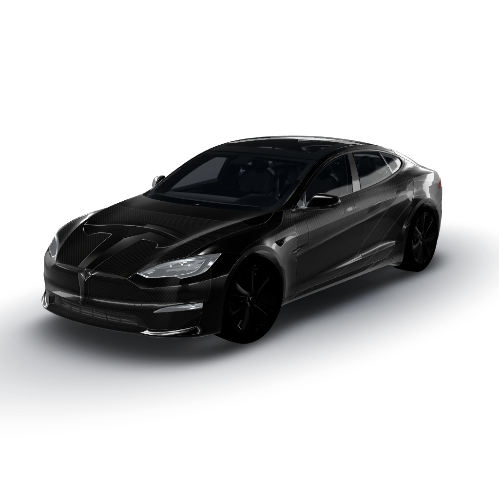 Matte black serves as the deep, sleek — a Model S (2021+) wearing this AI wrap design