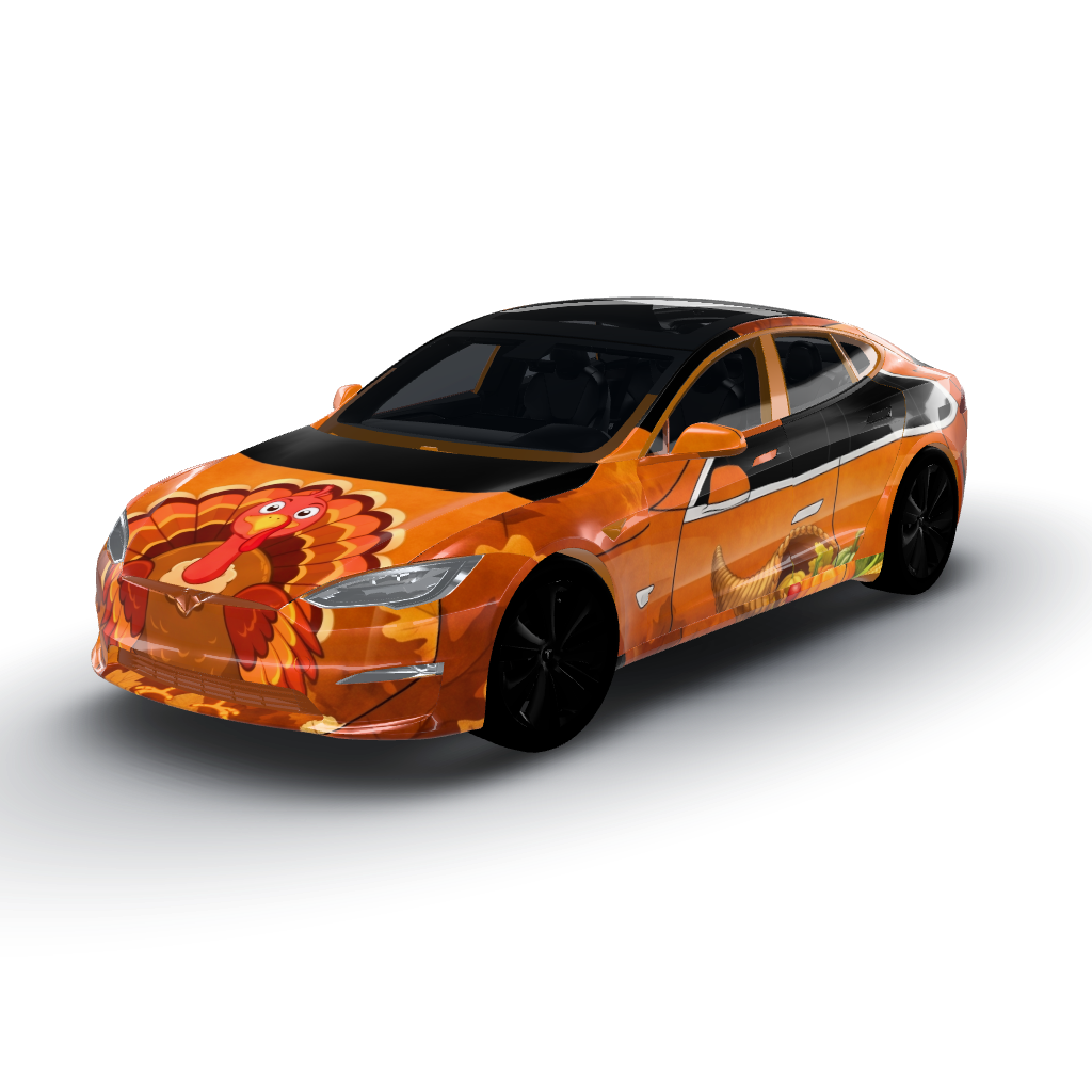 Thanksgiving is celebrated with a warm — a Model S (2021+) wearing this AI wrap design
