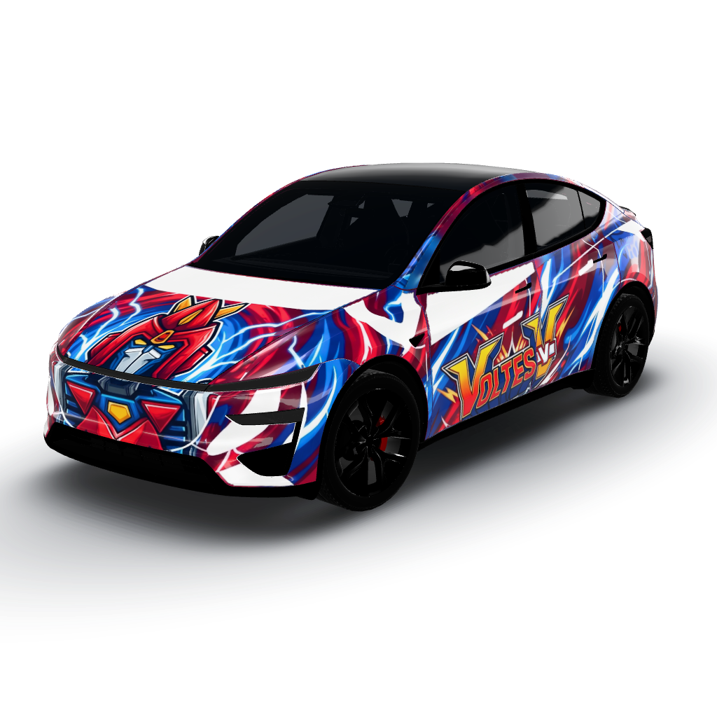 Vibrant, dynamic vinyl wrap featuring — a Model Y (2025+) Performance wearing this AI wrap design