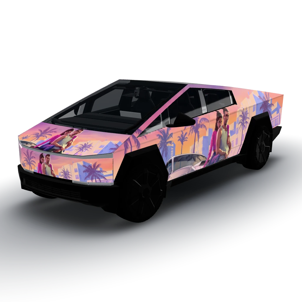 For your Cybertruck wrap, we'll have Lucia — a Cybertruck wearing this AI wrap design