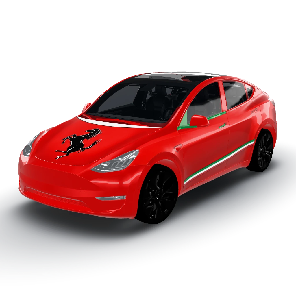Red car with Ferrari Logo und the back und — a Model Y wearing this AI wrap design