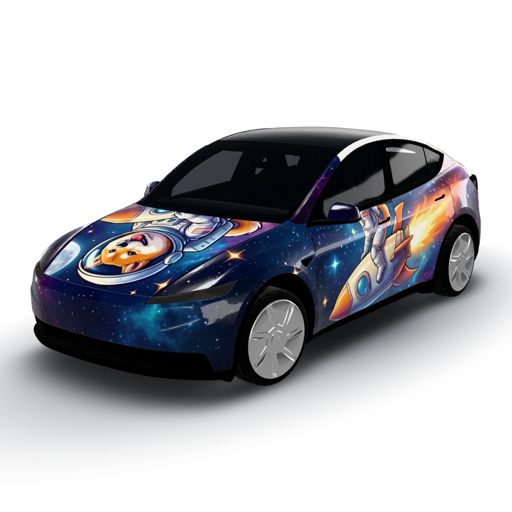 Shiba inu astronaut riding a rocket — a Model Y (2025+) Standard wearing this AI wrap design
