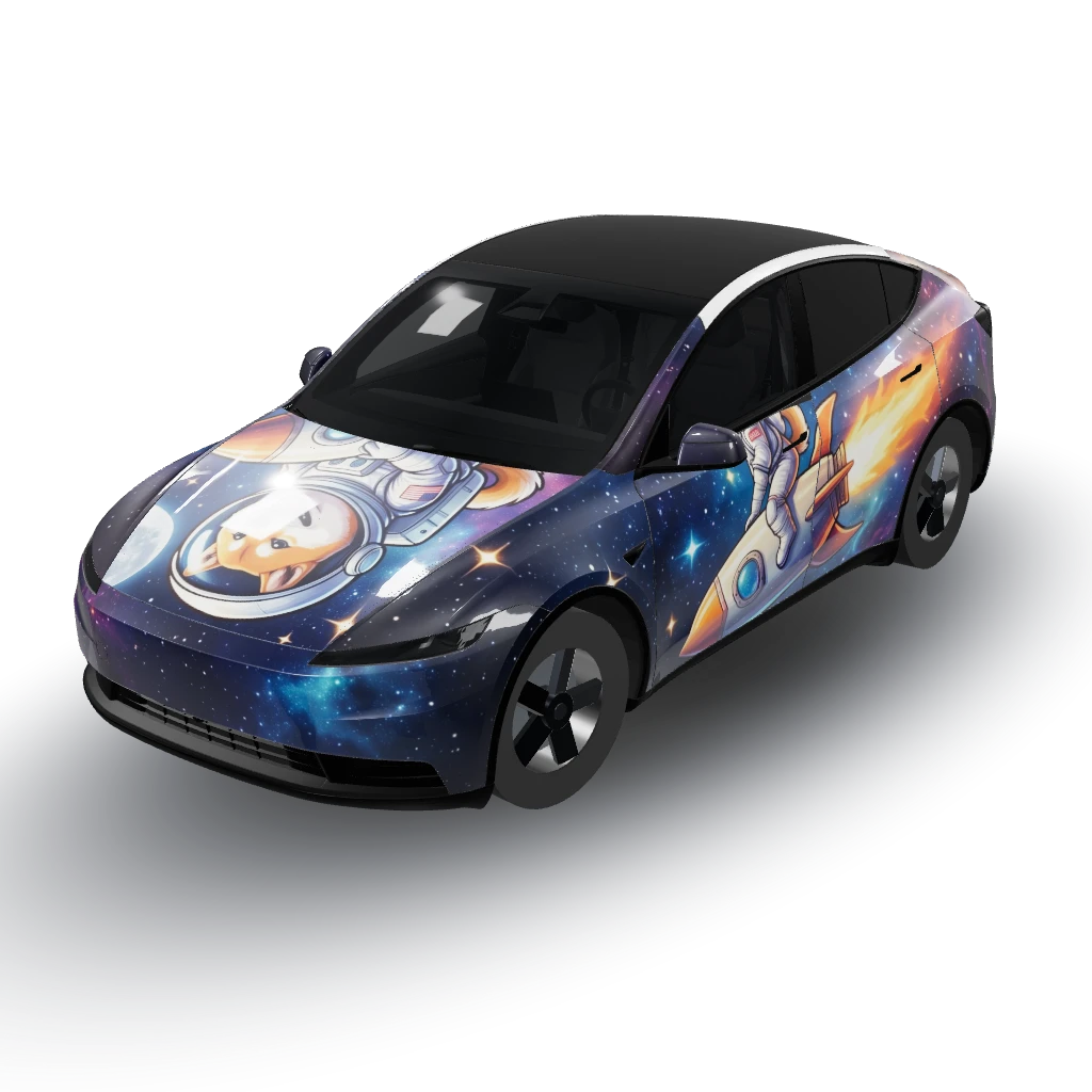 Shiba inu astronaut riding a rocket — a Model Y (2025+ Base) wearing this AI wrap design