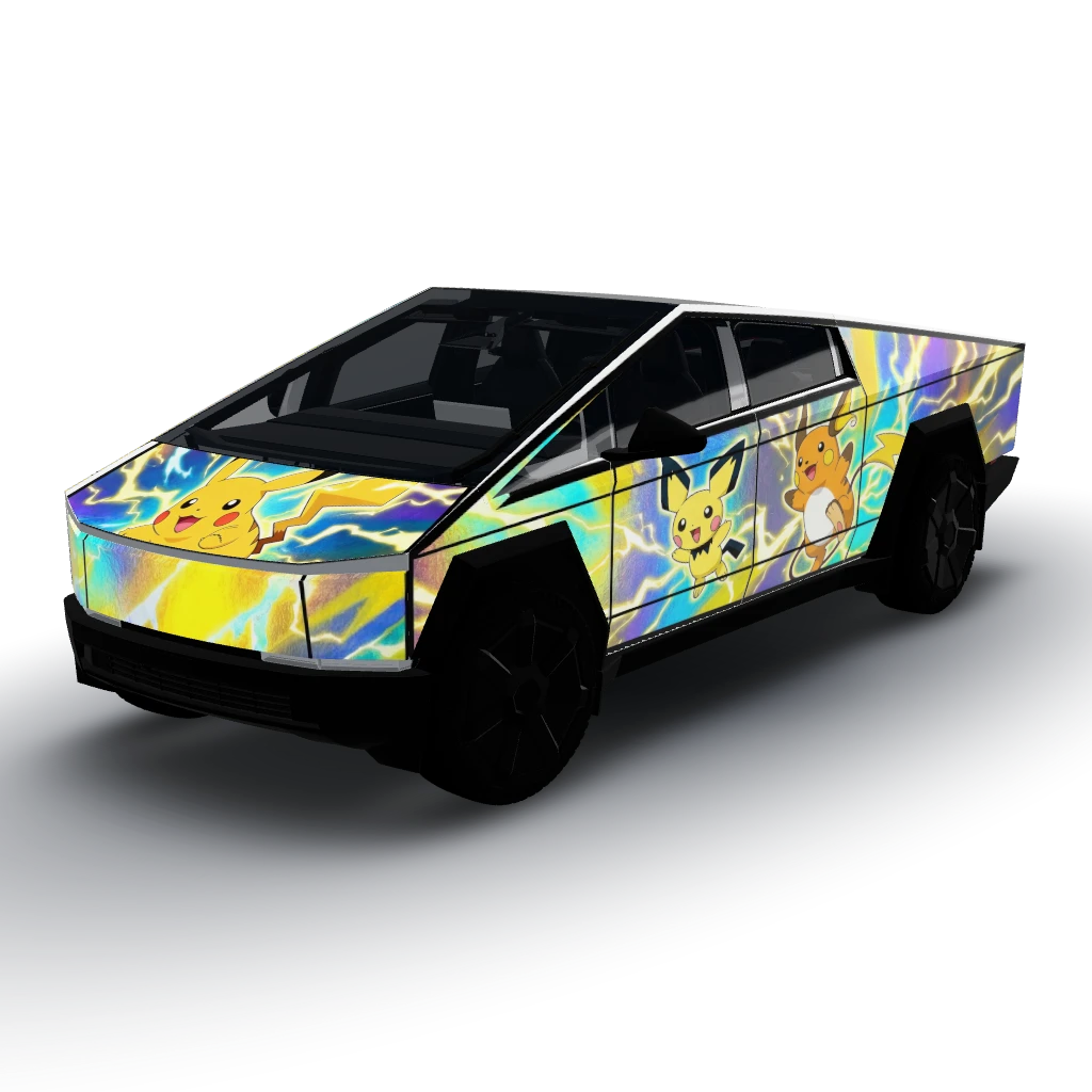 Pokemon Pikachu electric yellow — a Cybertruck wearing this AI wrap design