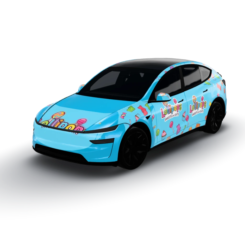 Light blue forms the vibrant base color — a Model Y L wearing this AI wrap design