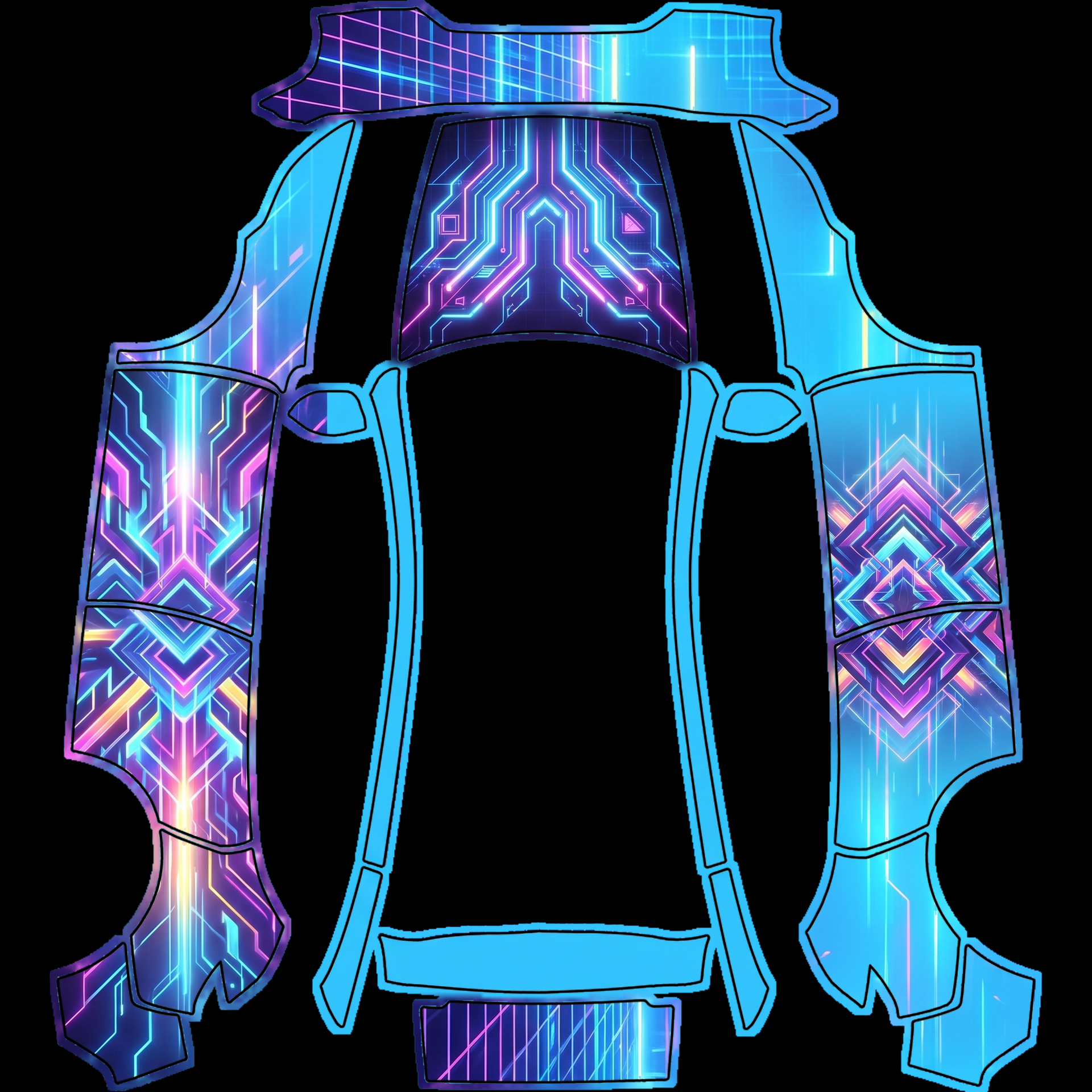 Cyberpunk neon grid patterns cascade across — AI wrap design for a Model Y (2025+) Premium