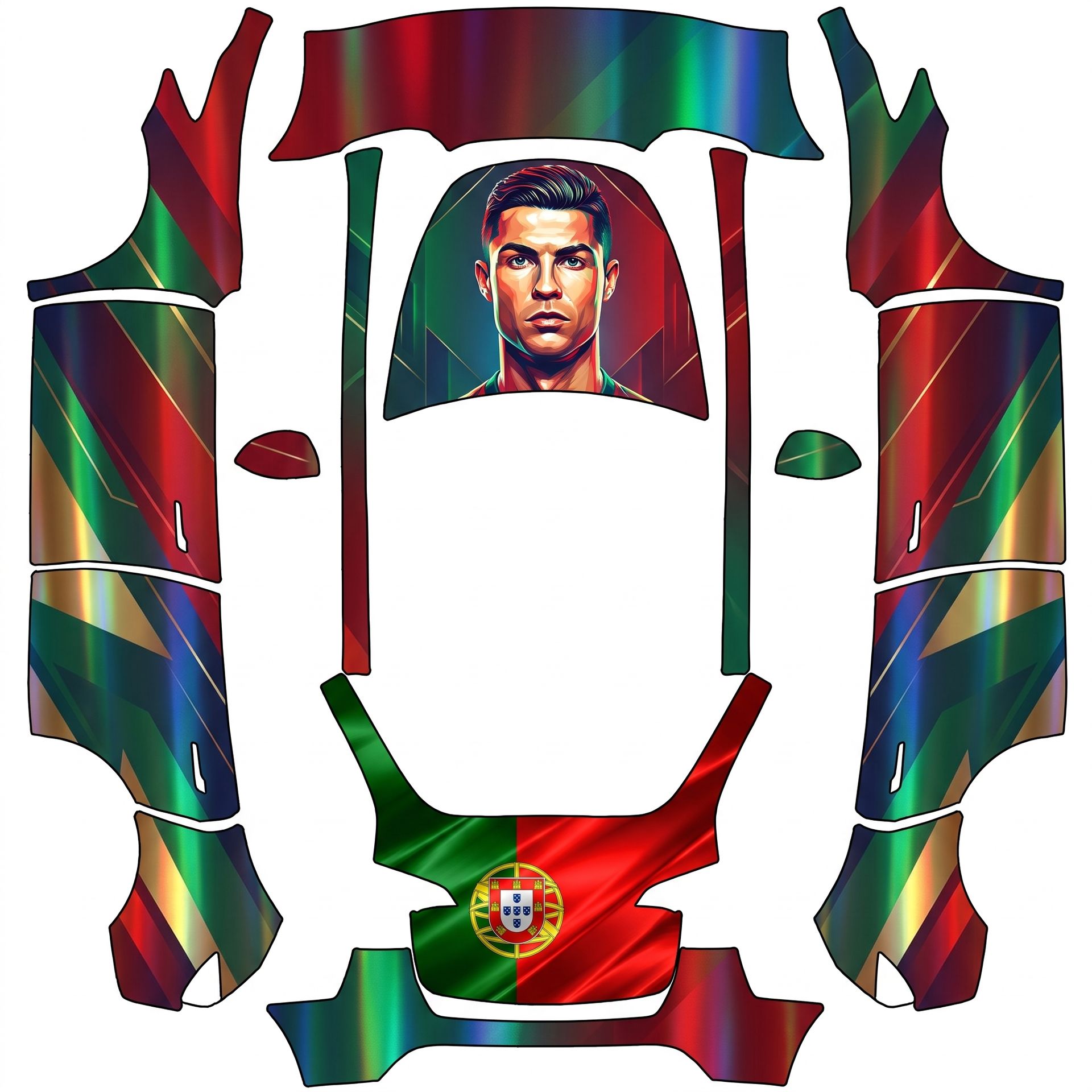 Ronaldo's head centered on the hood — AI wrap design for a Model Y