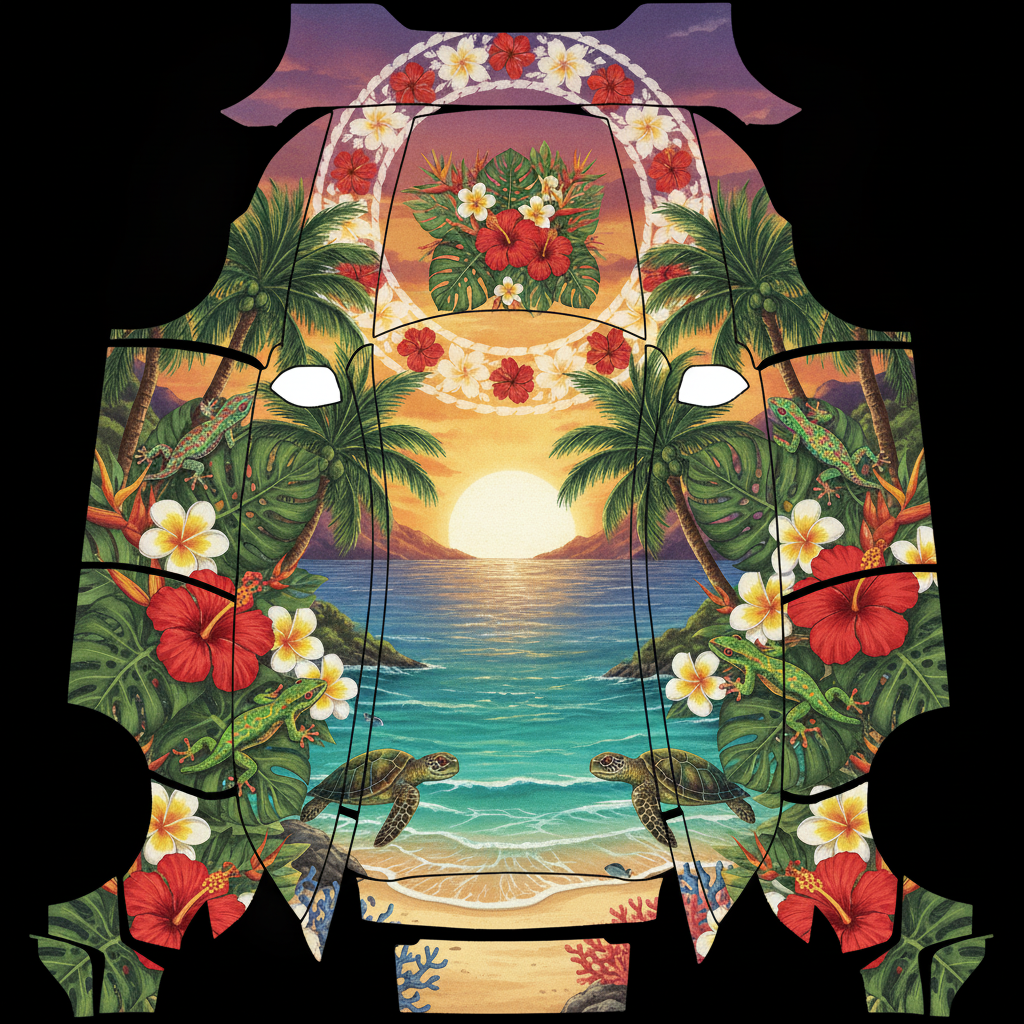 Beautiful Hawaiian theme with several — AI wrap design for a Model Y (2025+) Performance