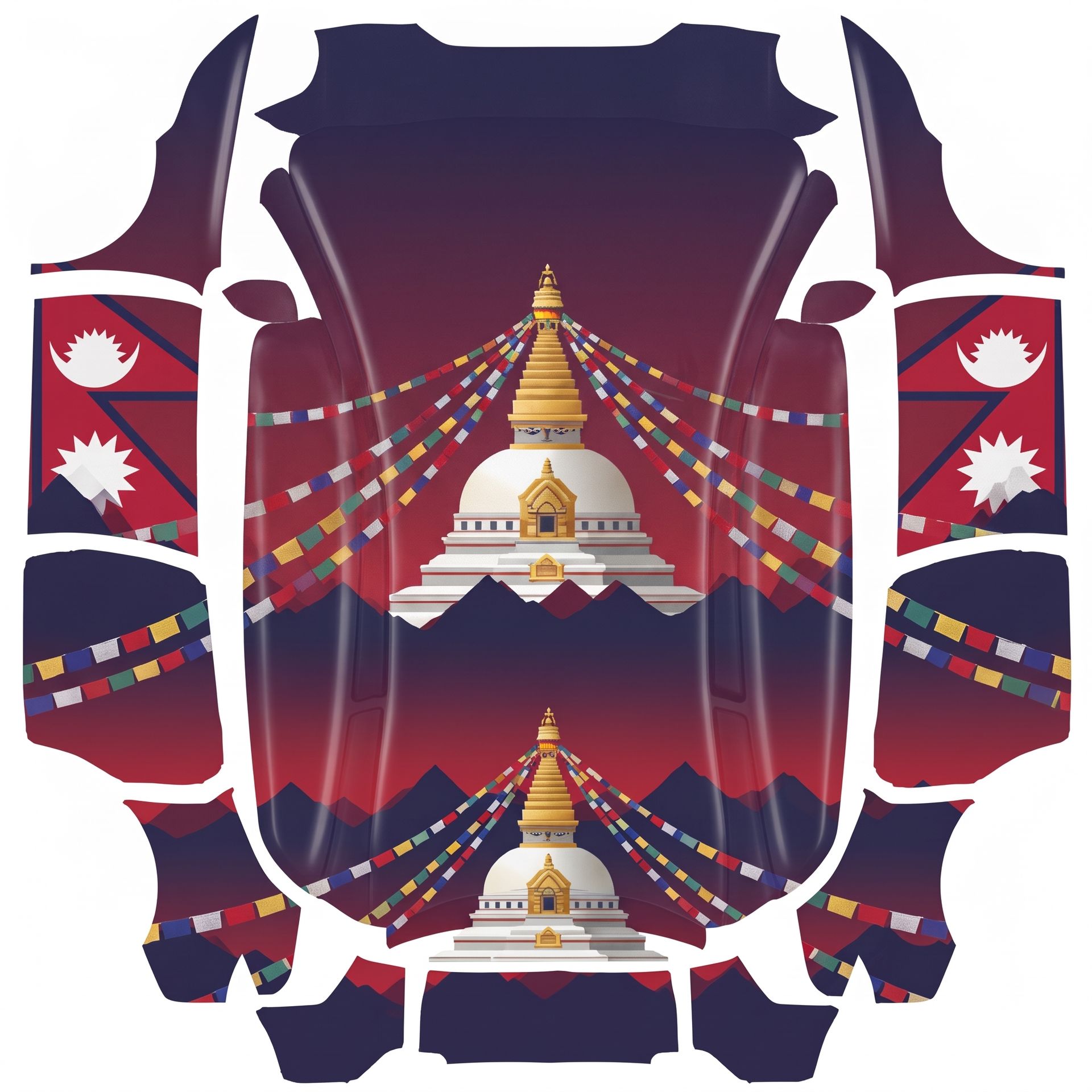 Hood: centered white moon and sun emblem — AI wrap design for a Model Y L