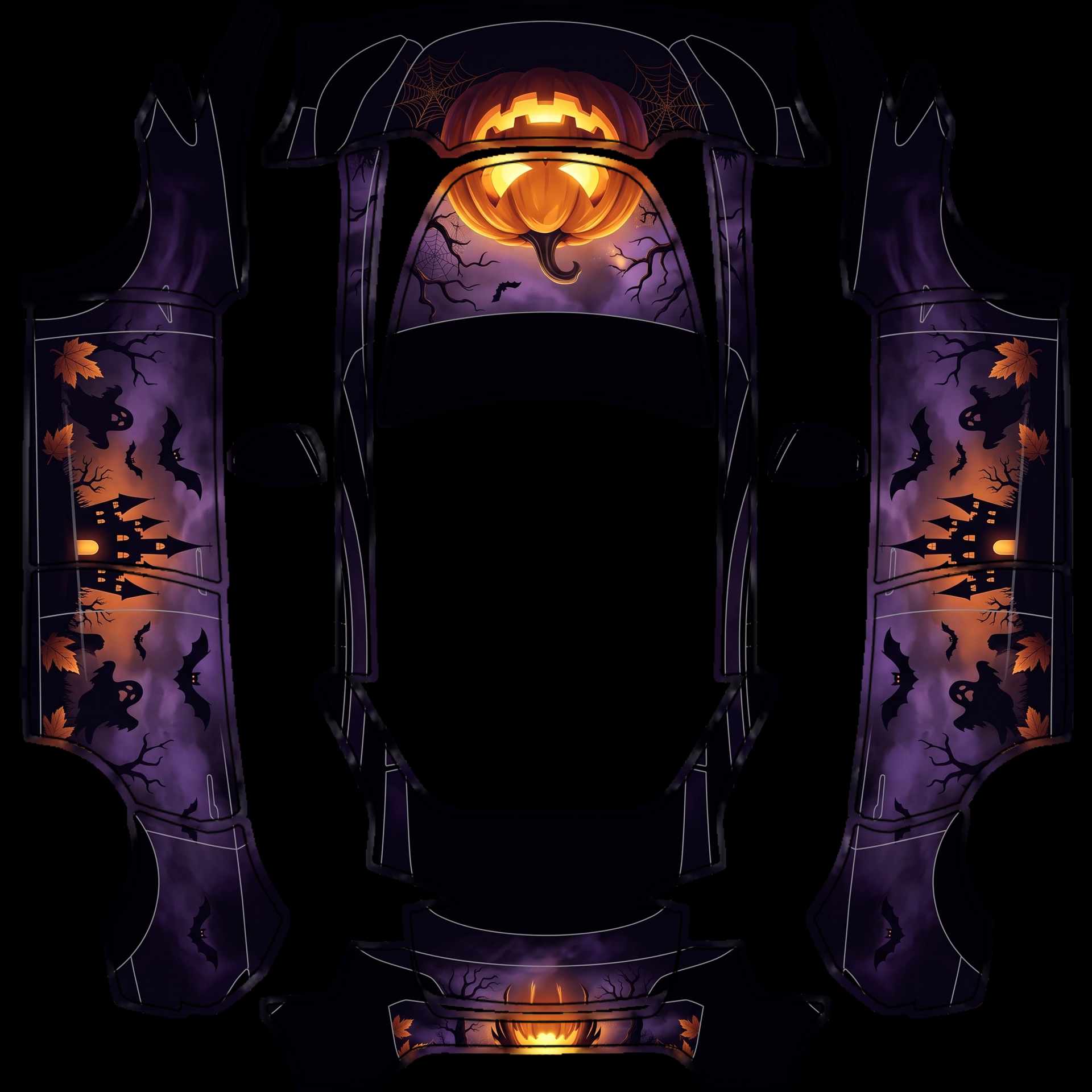 Premium Halloween vinyl wrap unfolds — AI wrap design for a Model Y