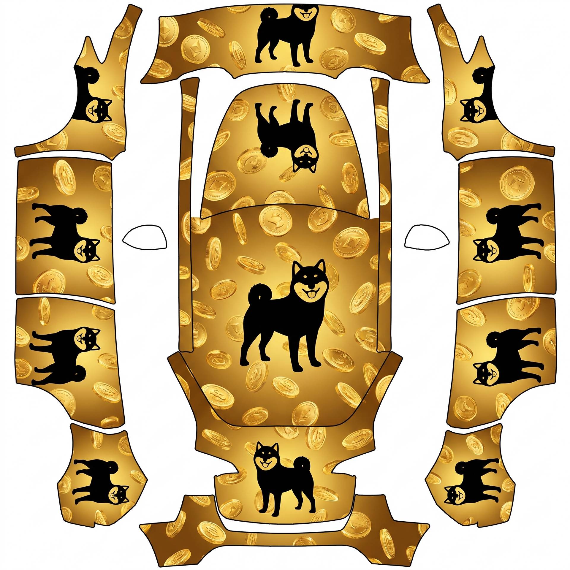 Gold coin shower with a grinning shiba — AI wrap design for a Model Y