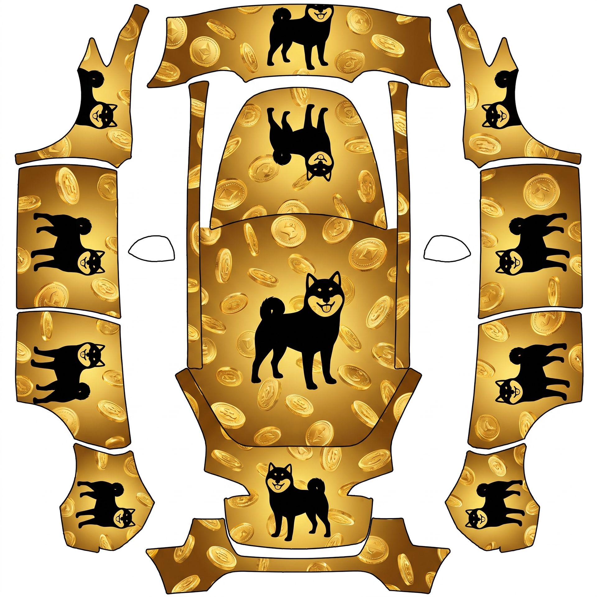 Gold coin shower with a grinning shiba — AI wrap design for a Model Y