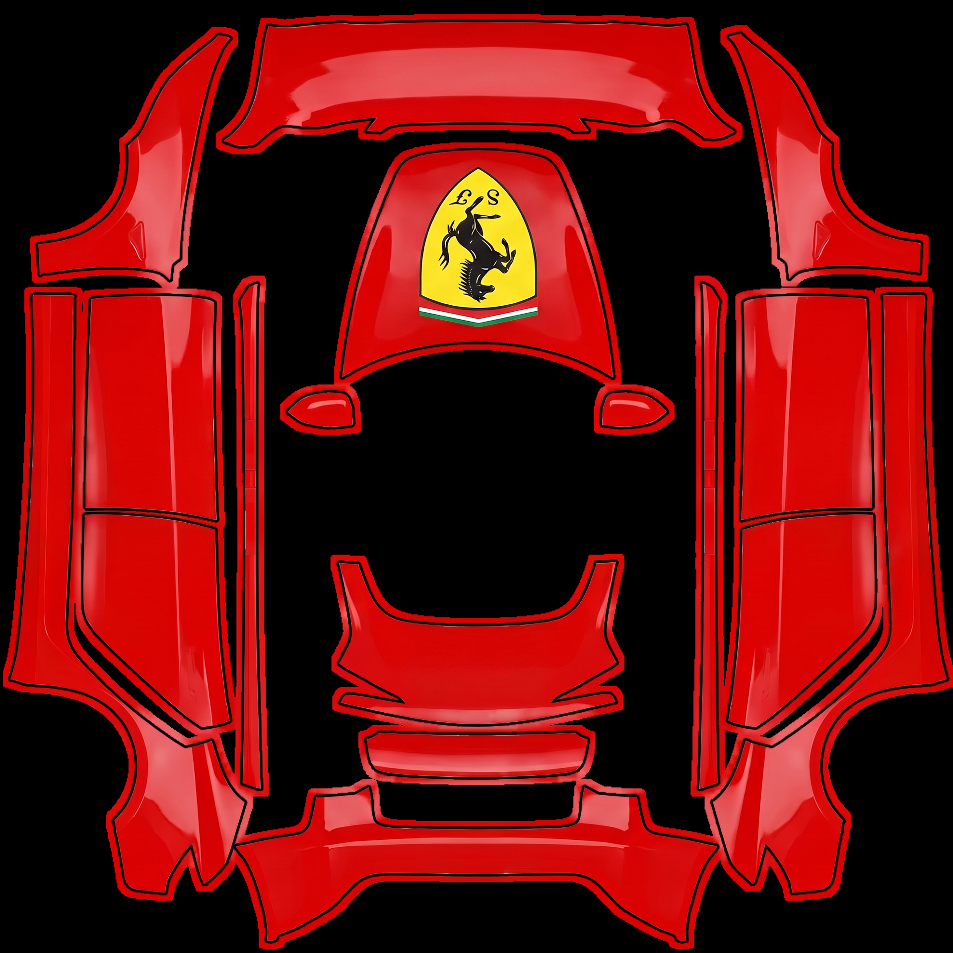 Hood: large centered Ferrari emblem; bright — AI wrap design for a Model 3 (2024+) Standard & Premium