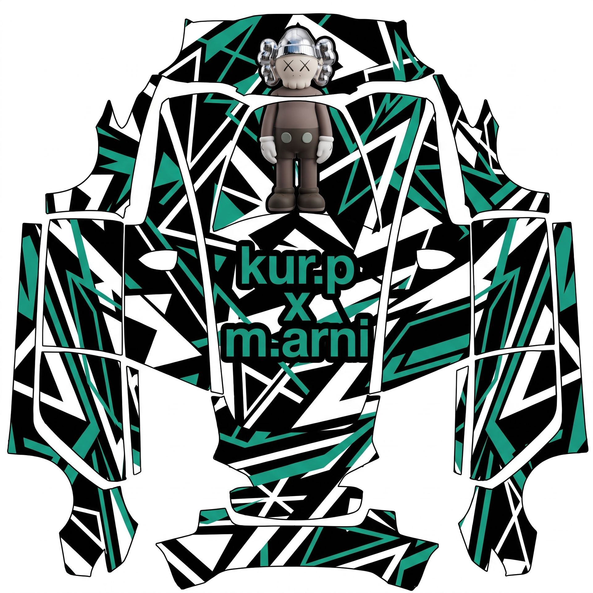 Hood: Centered and upright Kaws character — AI wrap design for a Model 3