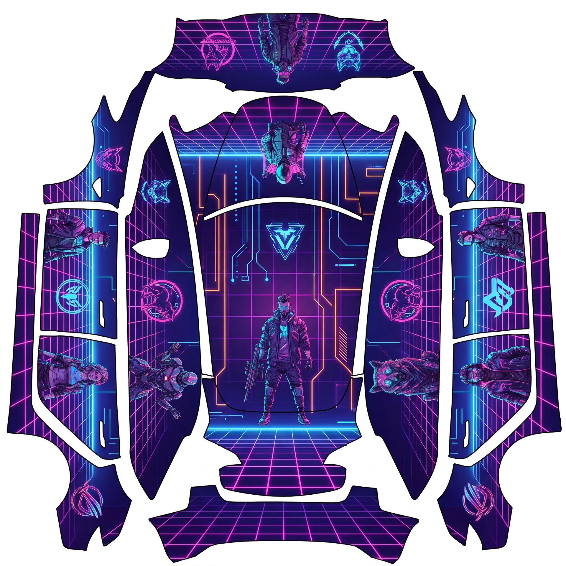 Cyberpunk neon grid on a dark base — AI wrap design for a Model 3