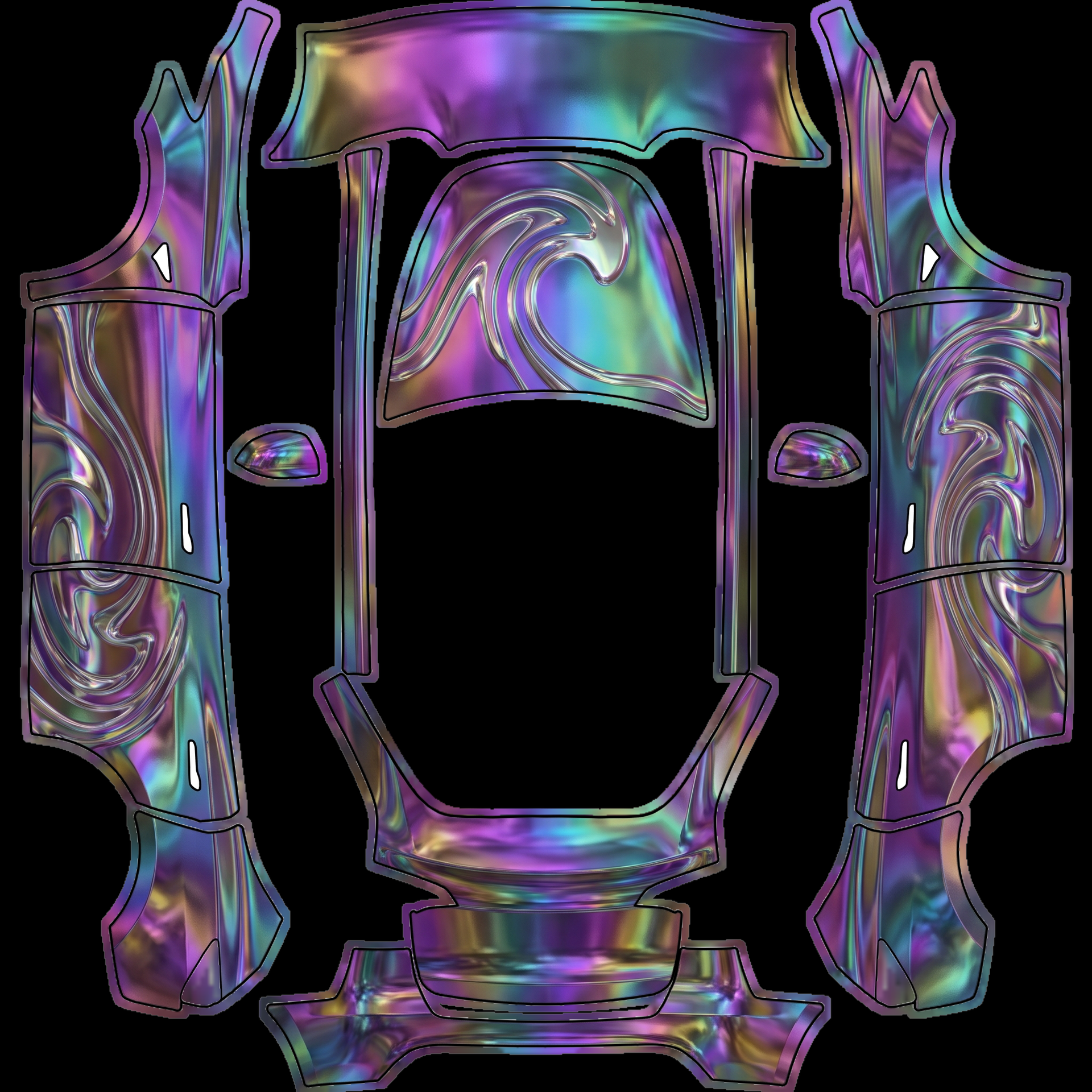 Iridescent oil-slick chrome covers — AI wrap design for a Model Y