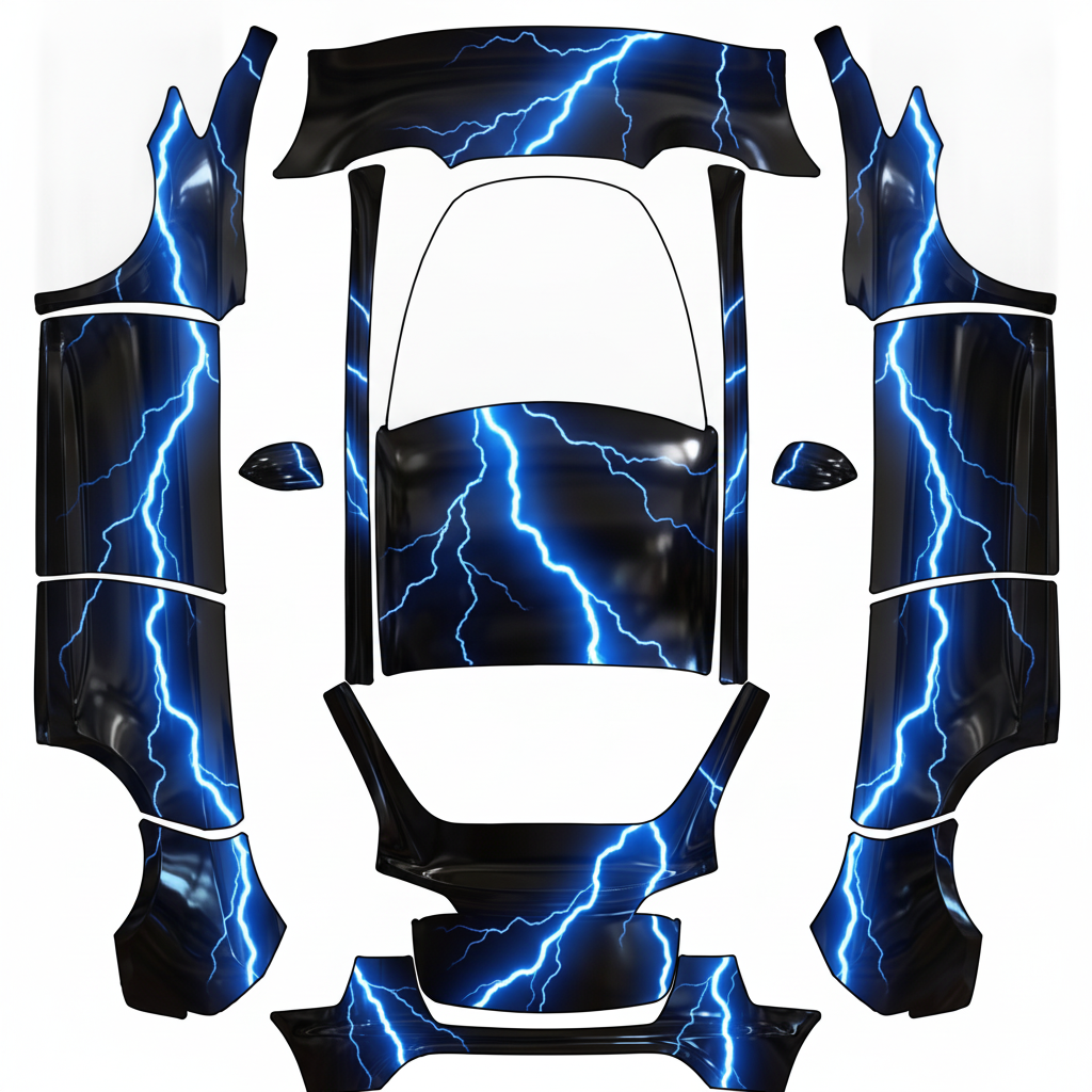 Chrome black color with lightning bolts — AI wrap design for a Model Y