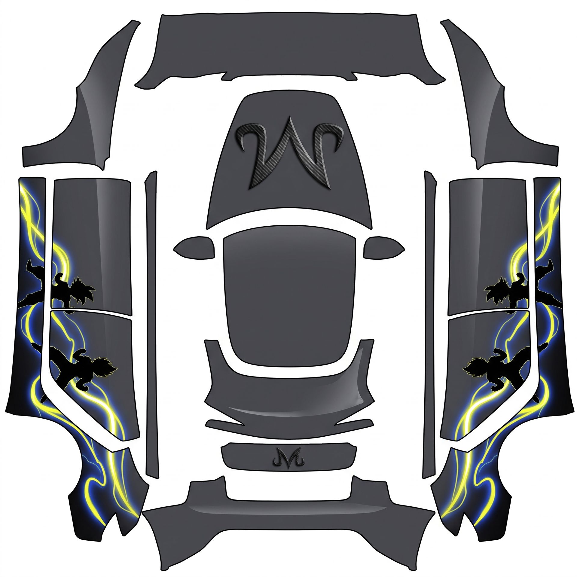 High gloss Tesla Stealth Grey background — AI wrap design for a Model 3 (2024+) Standard & Premium