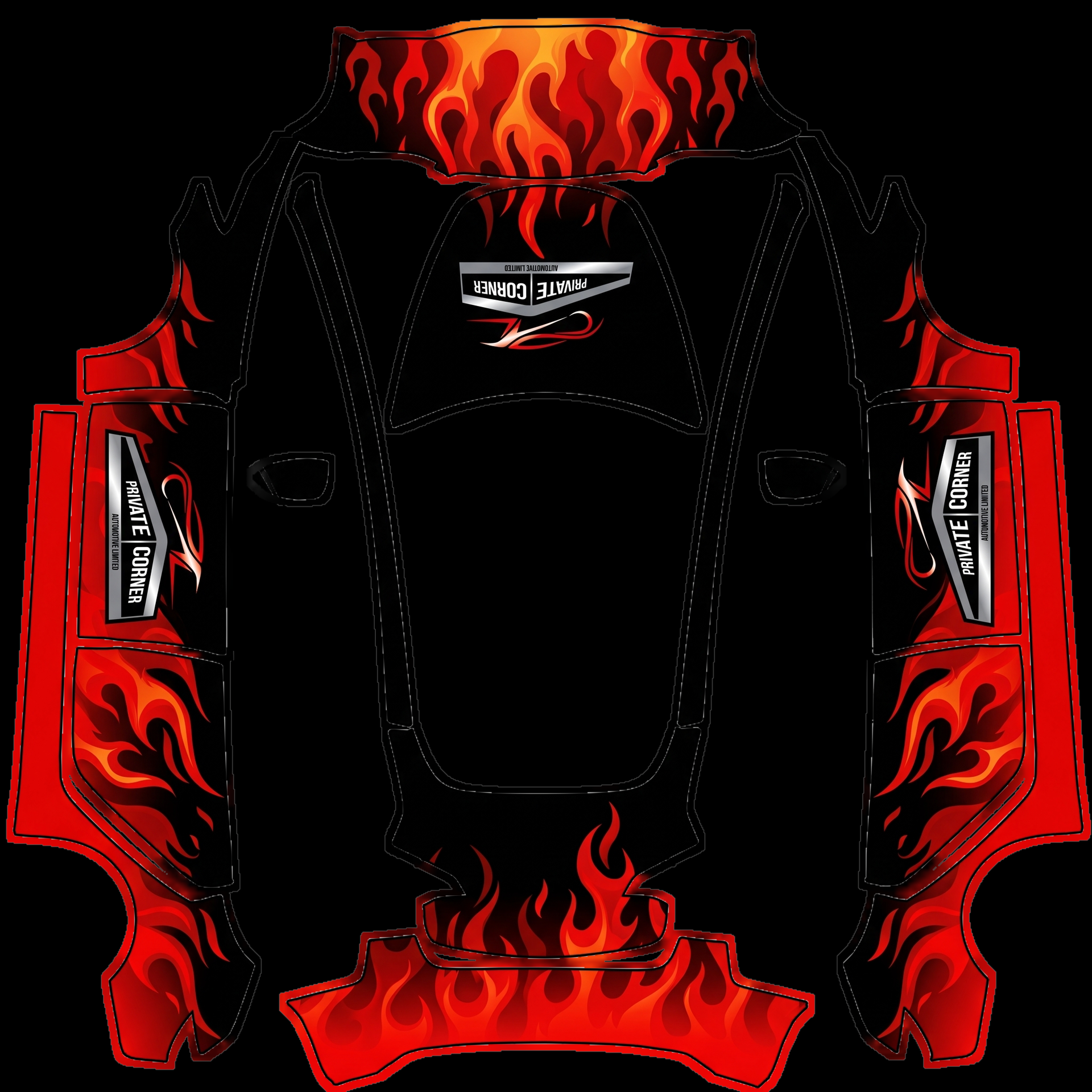 Features a dynamic red flame livery — AI wrap design for a Model 3