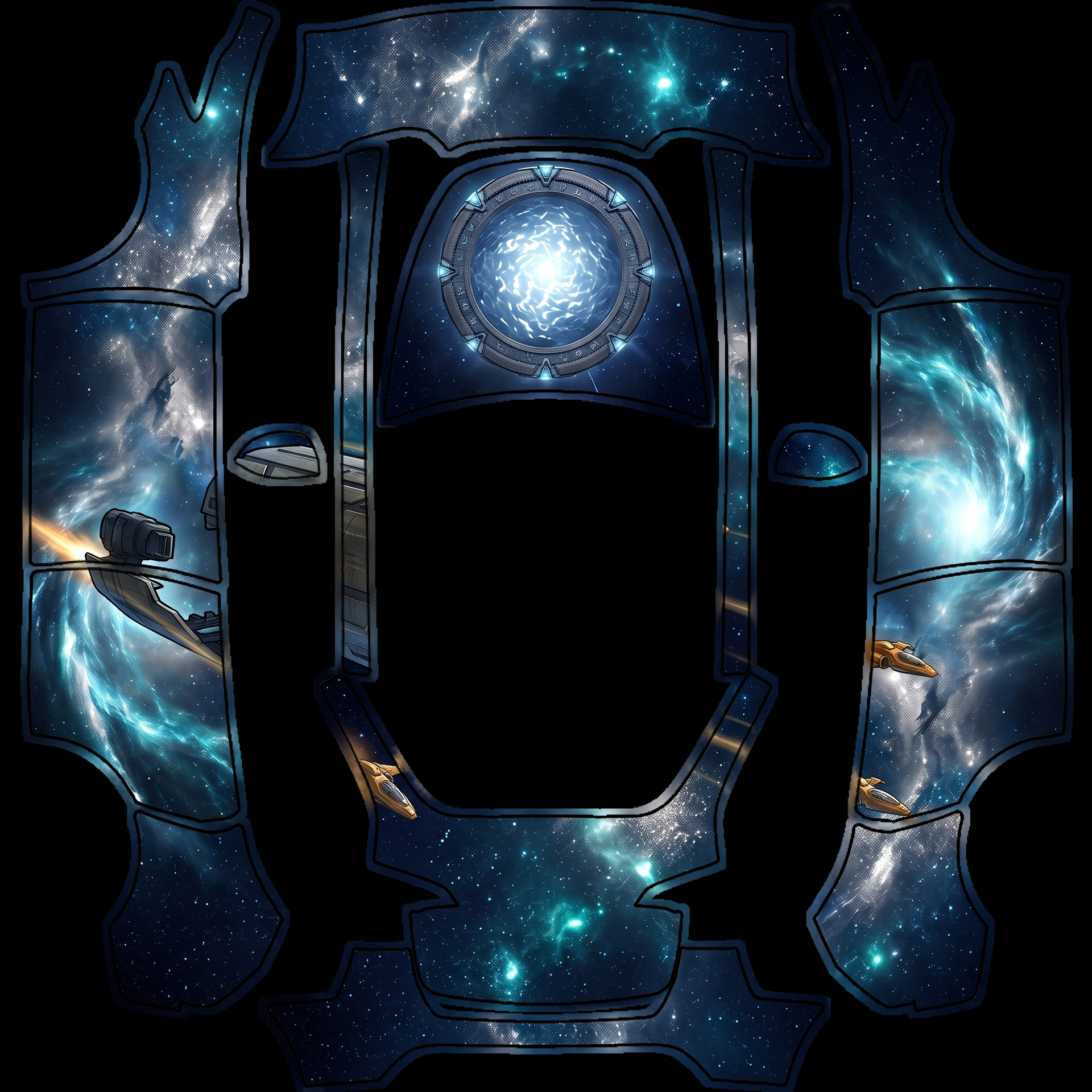 Artwork features a cosmic theme with a deep — AI wrap design for a Model Y
