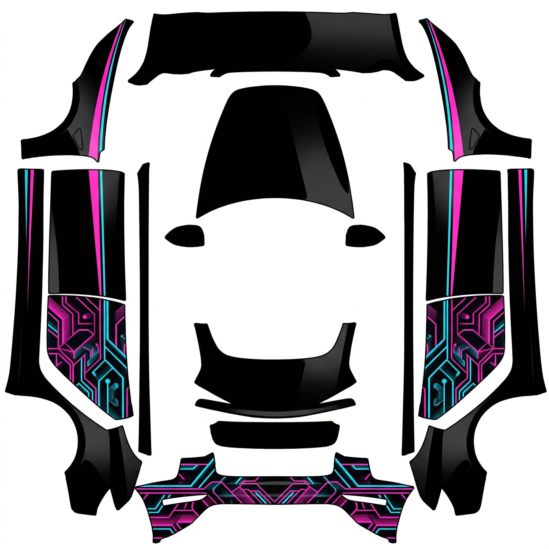 Deep obsidian pitch-black gloss background — AI wrap design for a Model 3 (2024+) Standard & Premium