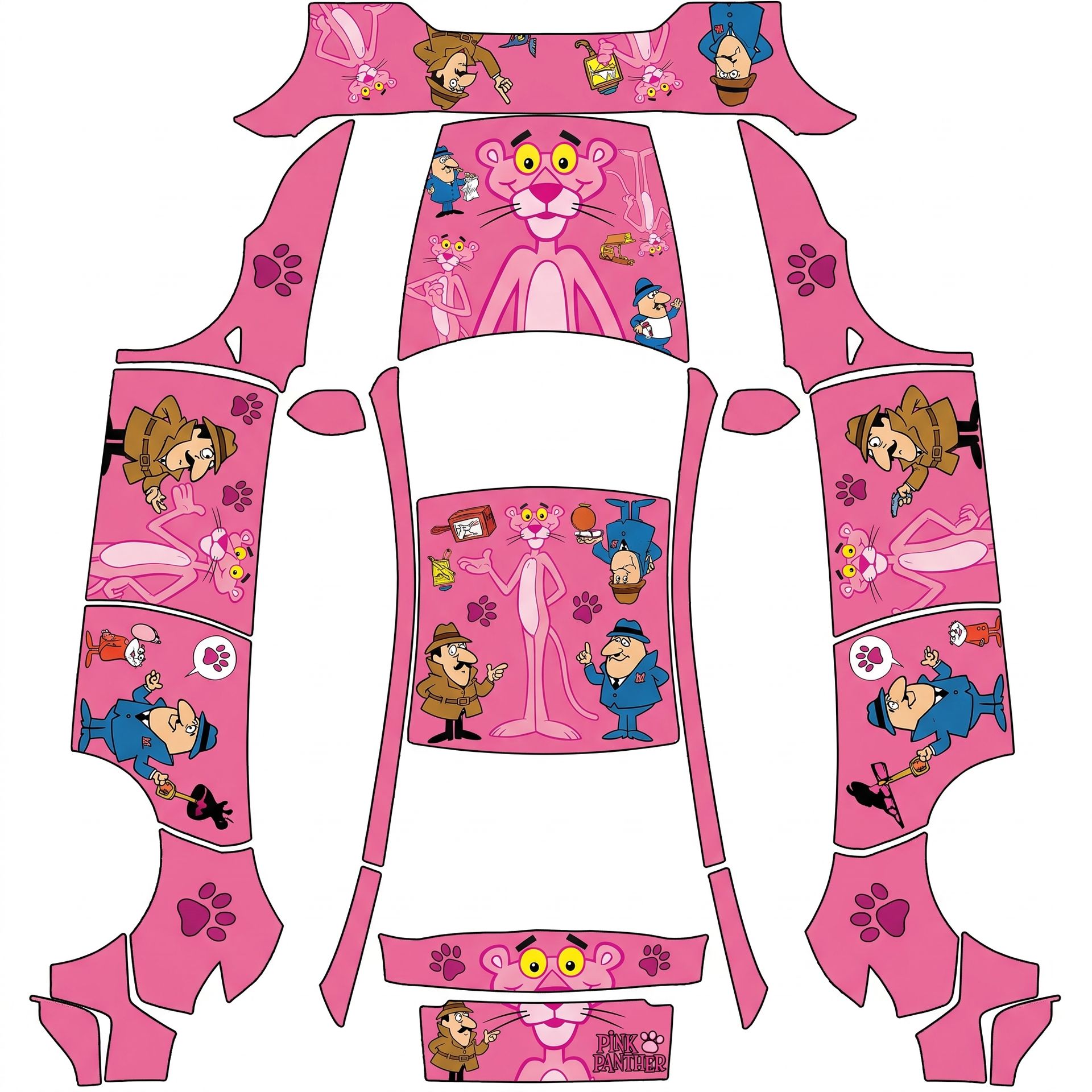 Pink Panther characters evenly spread — AI wrap design for a Model Y (2025+) Performance