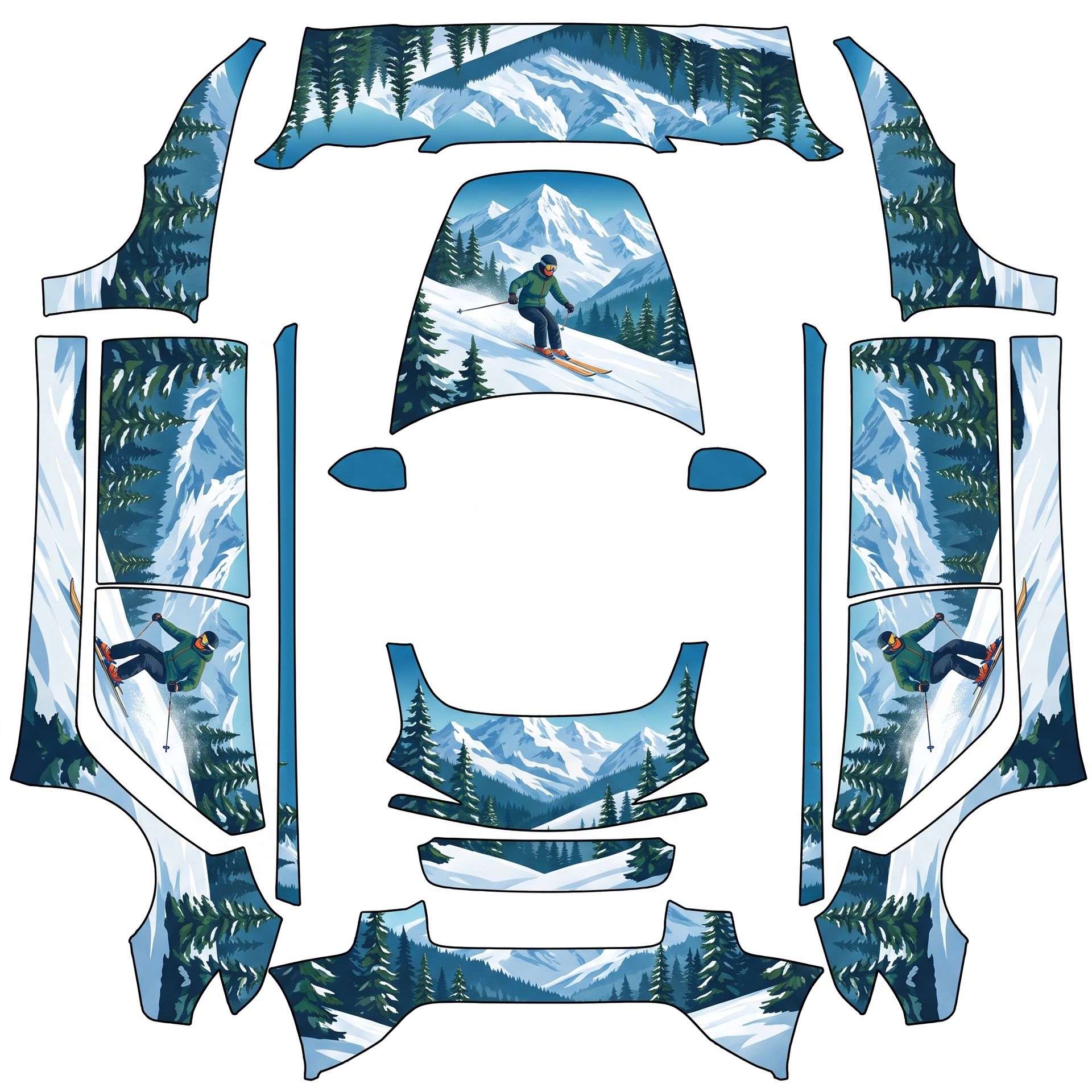 Snowy mountain backdrop with a skier skiing — AI wrap design for a Model 3 (2024+) Standard & Premium