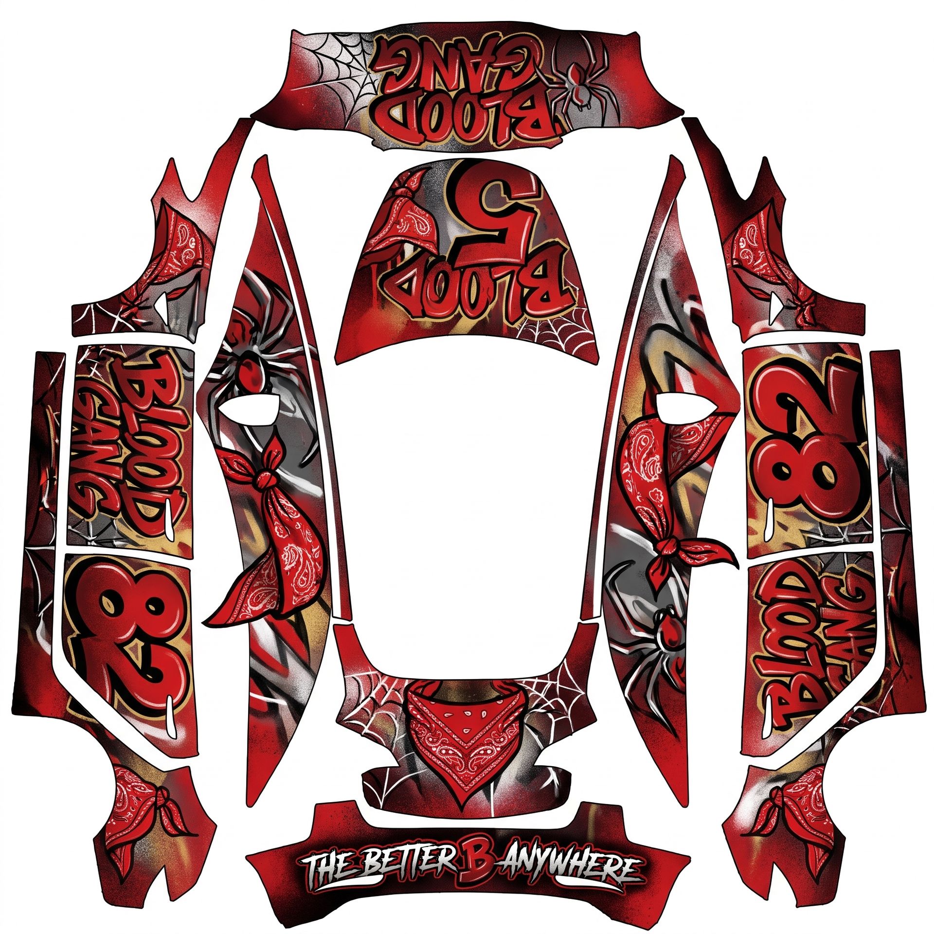 Blood gang 5 spyder — AI wrap design for a Model 3