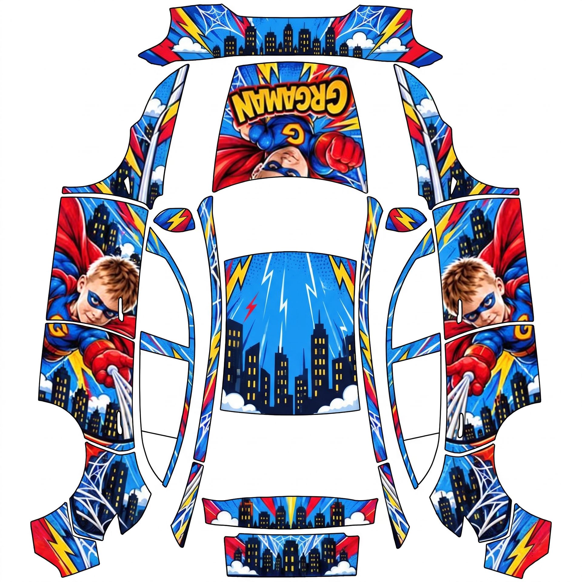 Vibrant superhero theme with bold colors — AI wrap design for a Model Y (2025+) Premium