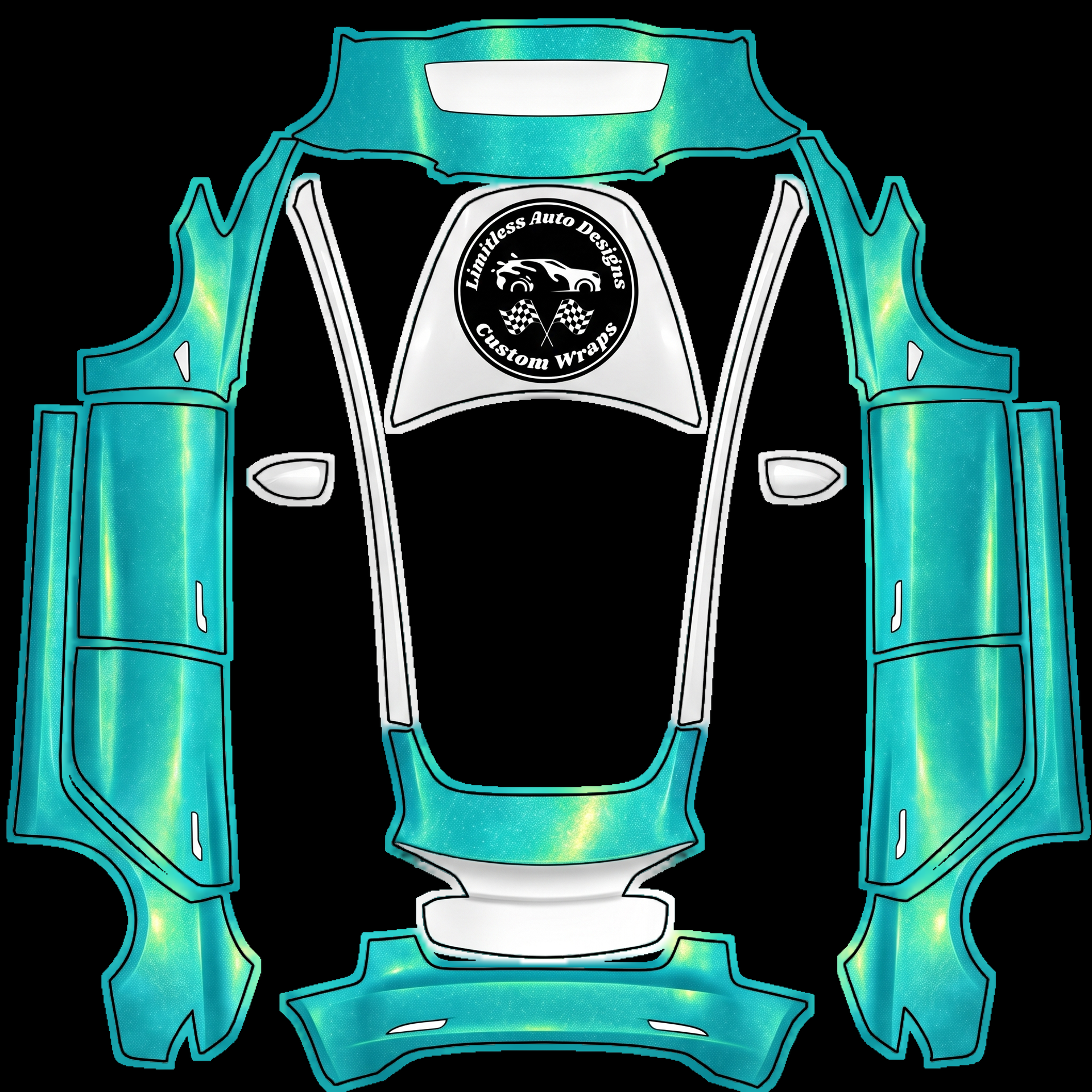 Shimmering Tiffany blue, enhanced — AI wrap design for a Model 3