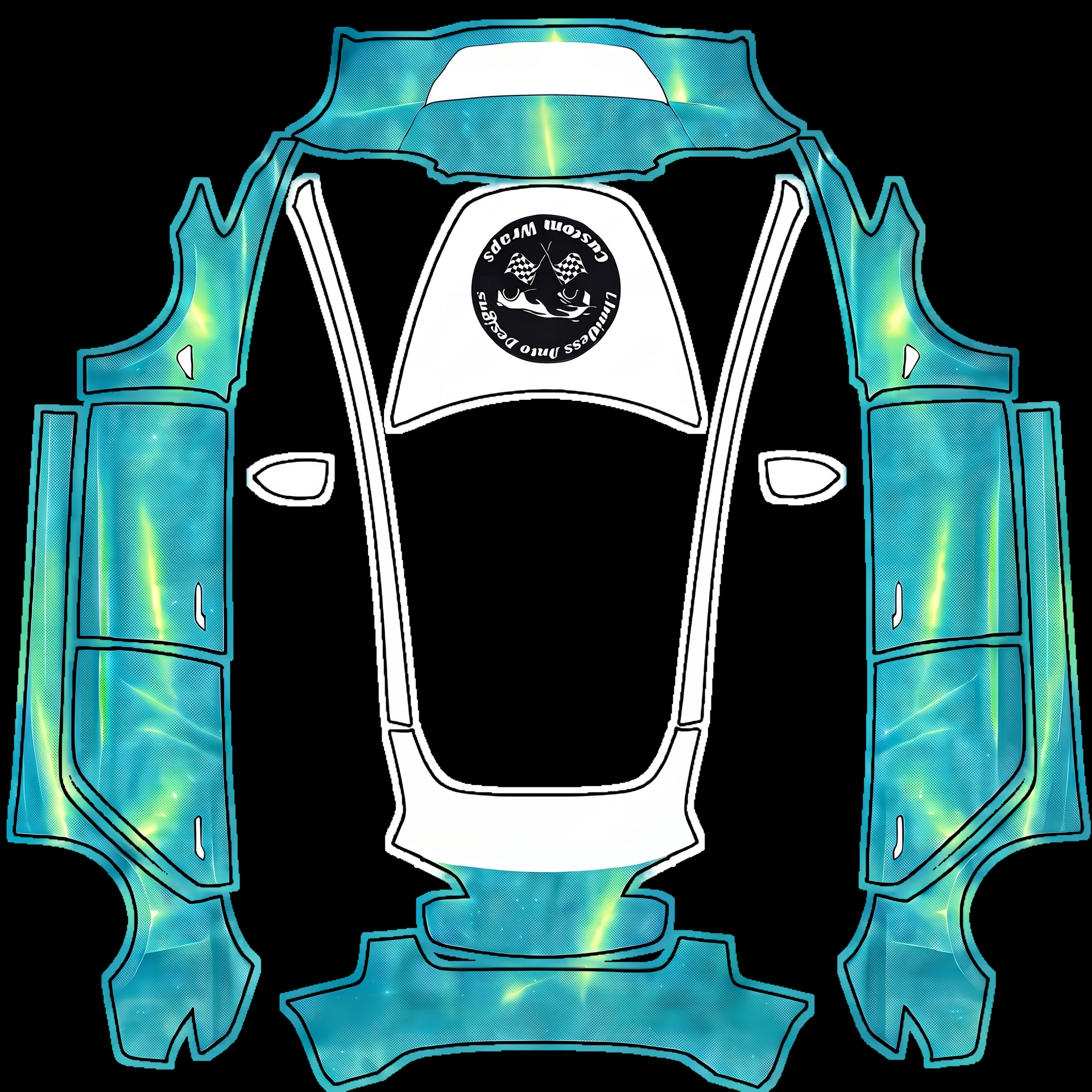 Vibrant turquoise blue base with metallic — AI wrap design for a Model 3