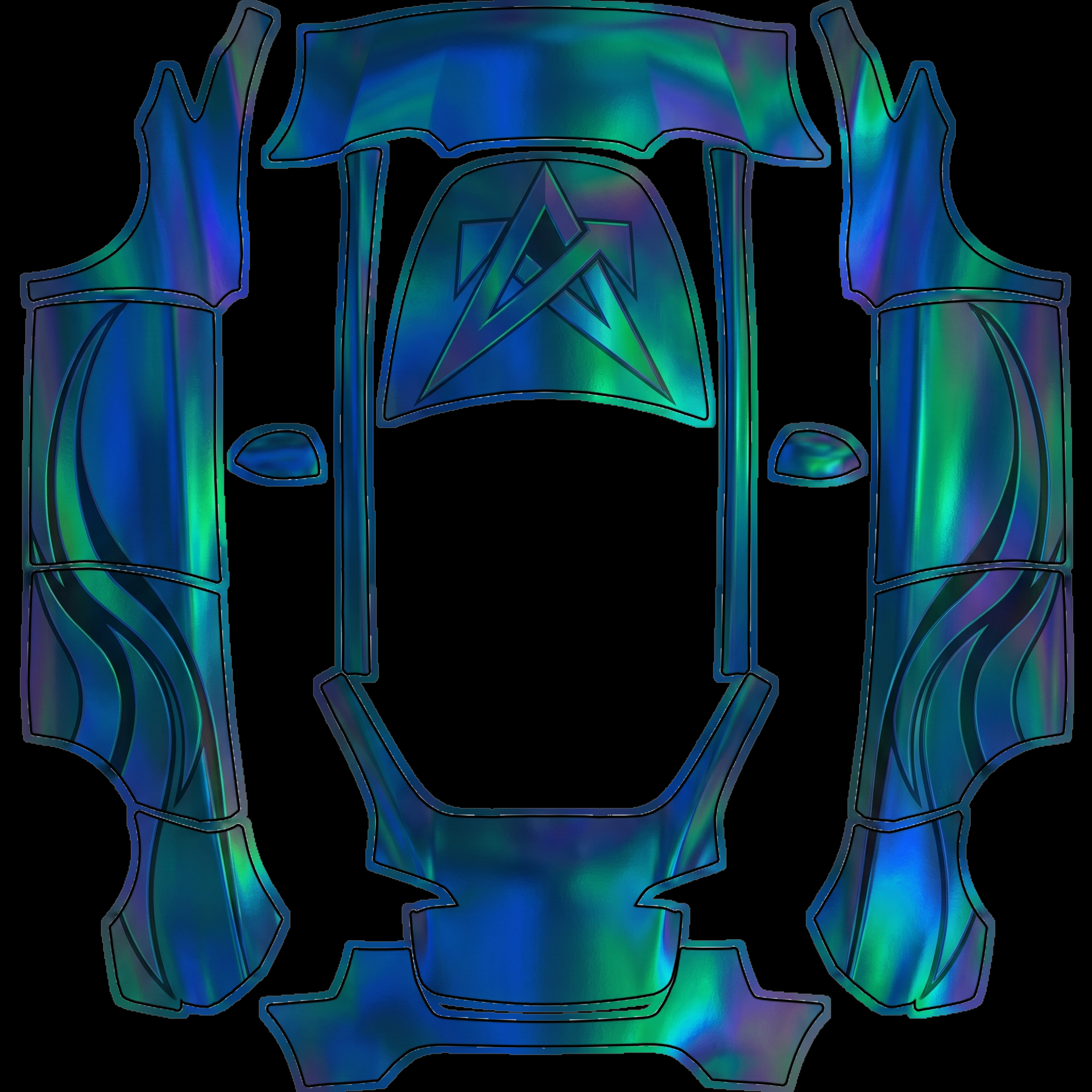 Iridescent oil-slick chrome covers — AI wrap design for a Model Y