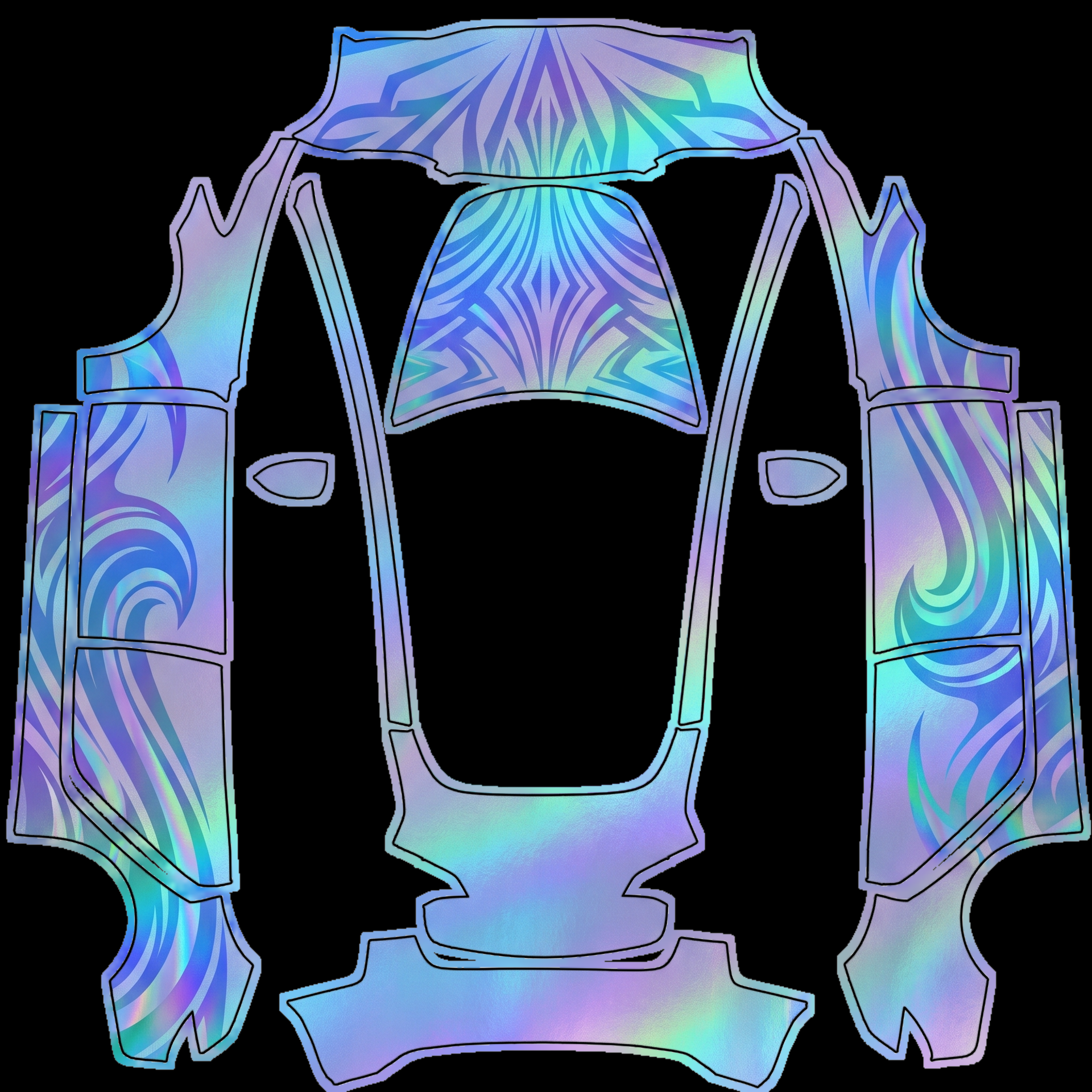 Holographic iridescent shimmer envelops — AI wrap design for a Model 3