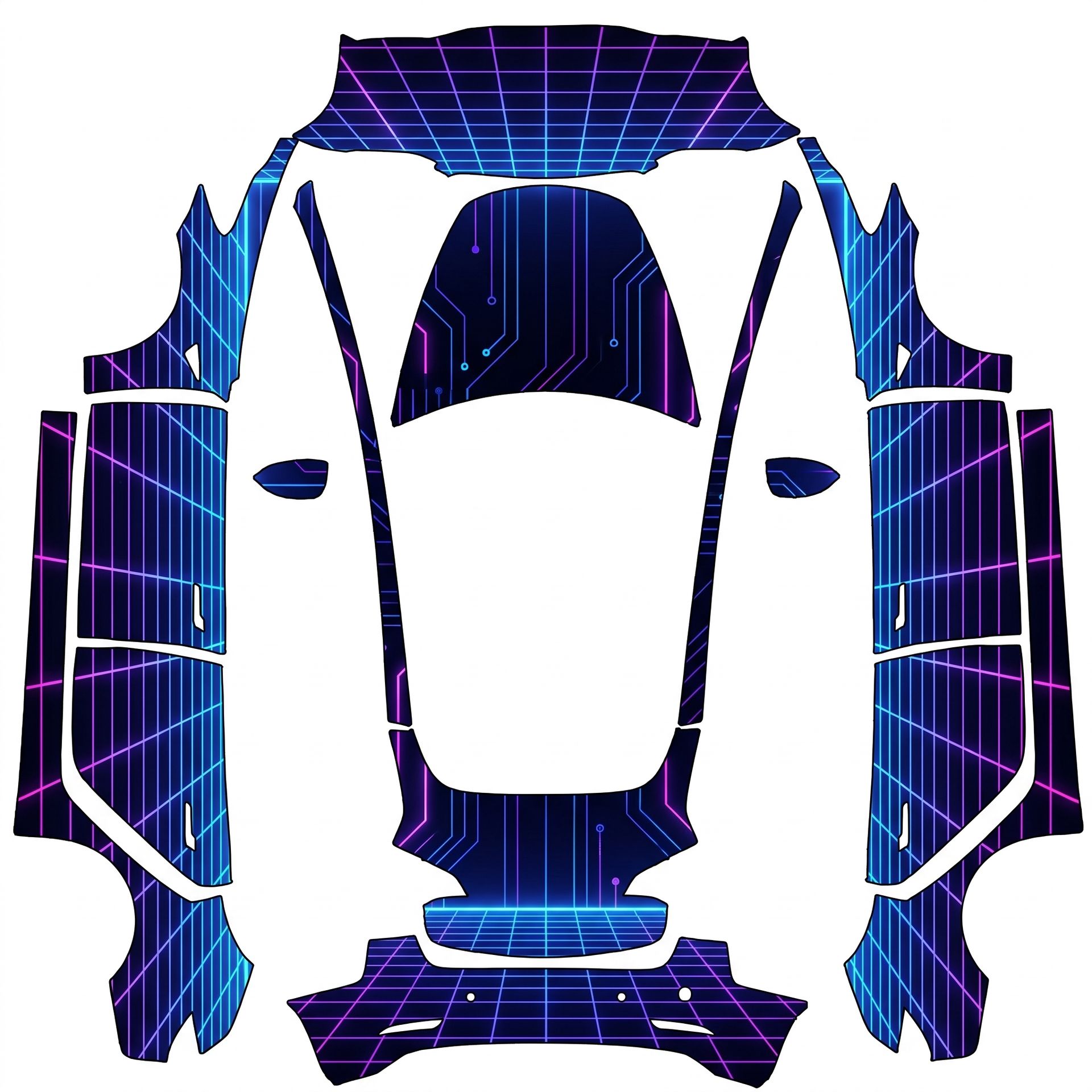 Cyberpunk neon grid on a dark base — AI wrap design for a Model 3