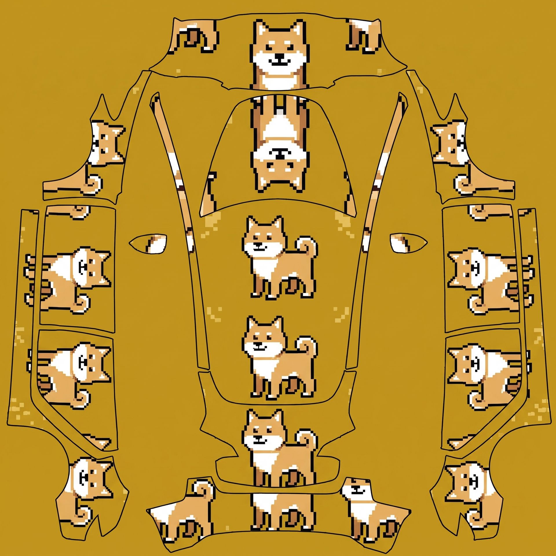 8-bit pixel shiba inu on gold — AI wrap design for a Model 3