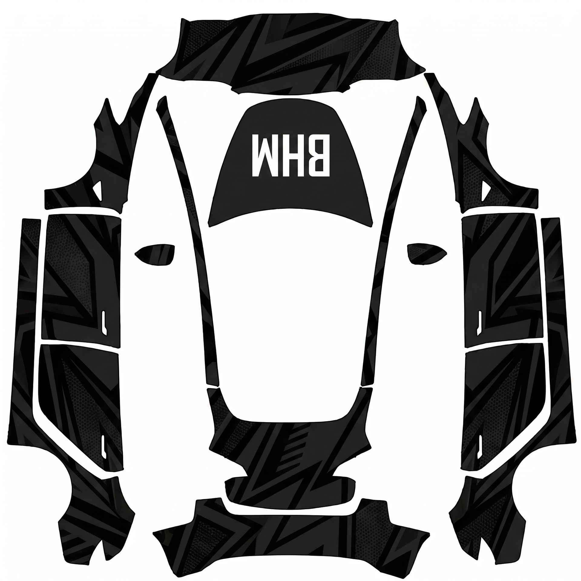Hood: Bold white "BHM" letters centered — AI wrap design for a Model 3