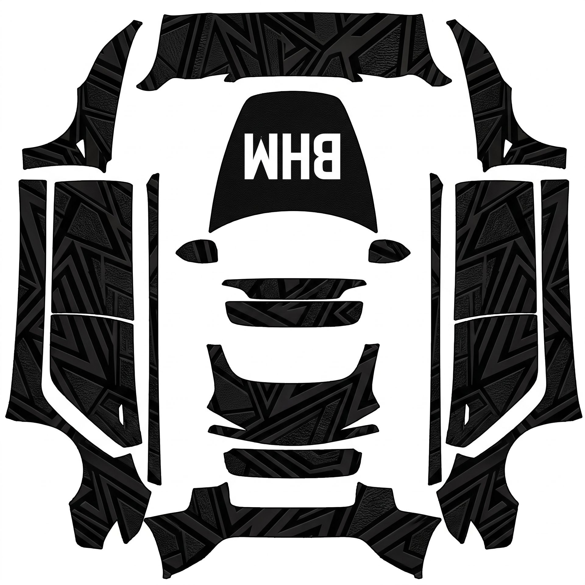 Hood: Bold white "BHM" letters centered — AI wrap design for a Model 3 (2024+ Base)