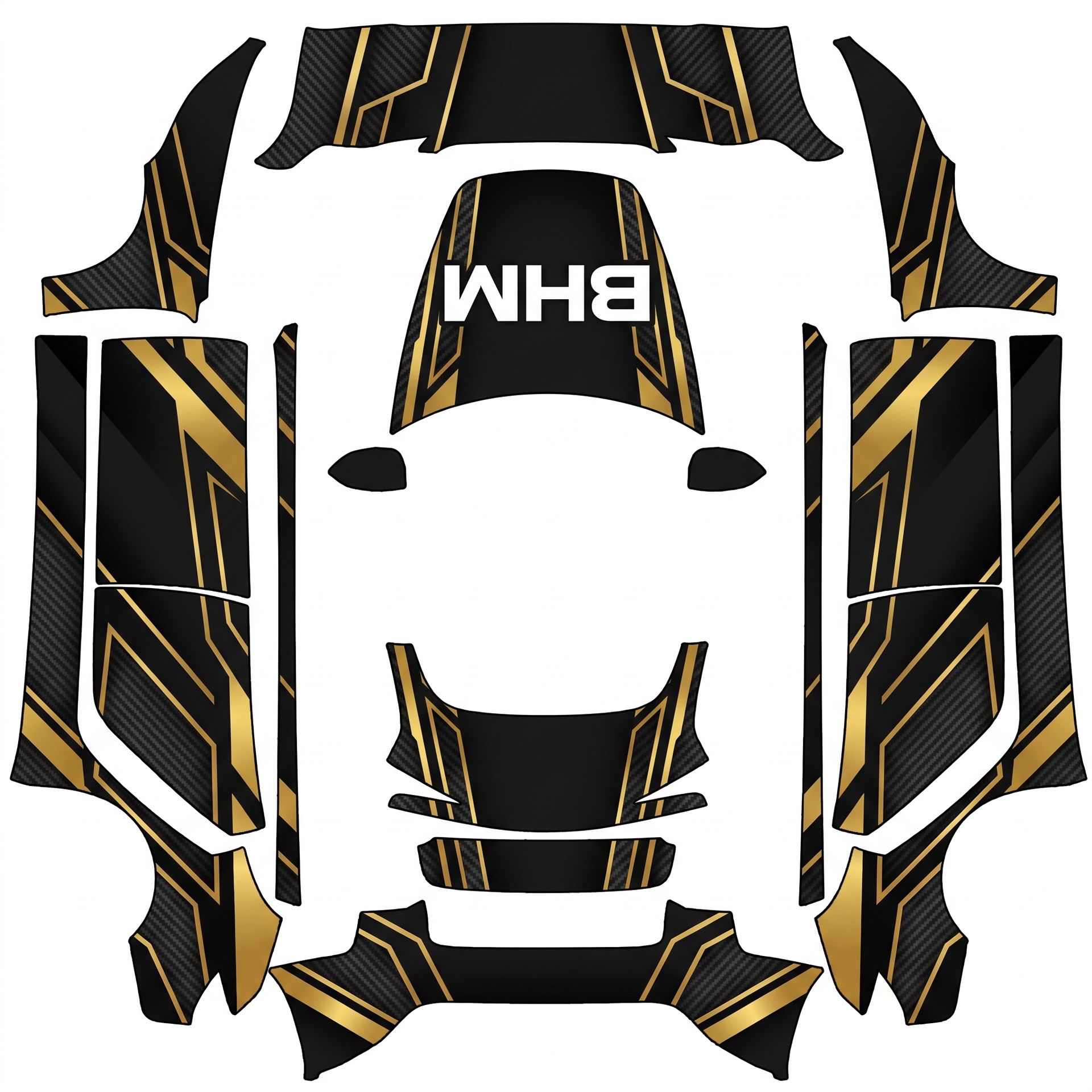 Hood: Bold white "BHM" letters centered — AI wrap design for a Model 3 (2024+ Base)