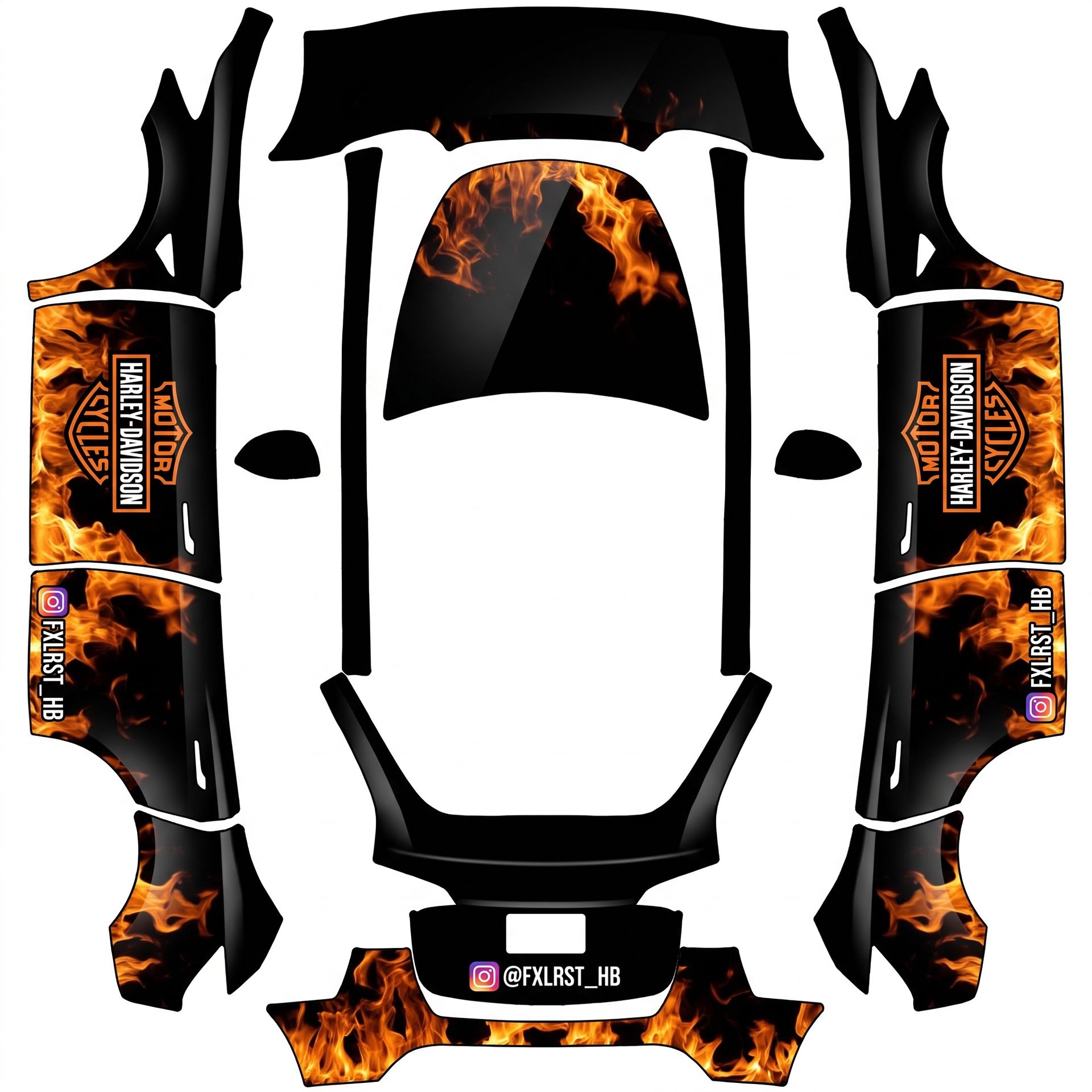 Instagram tag @FXLRST_HB will be placed — AI wrap design for a Model Y