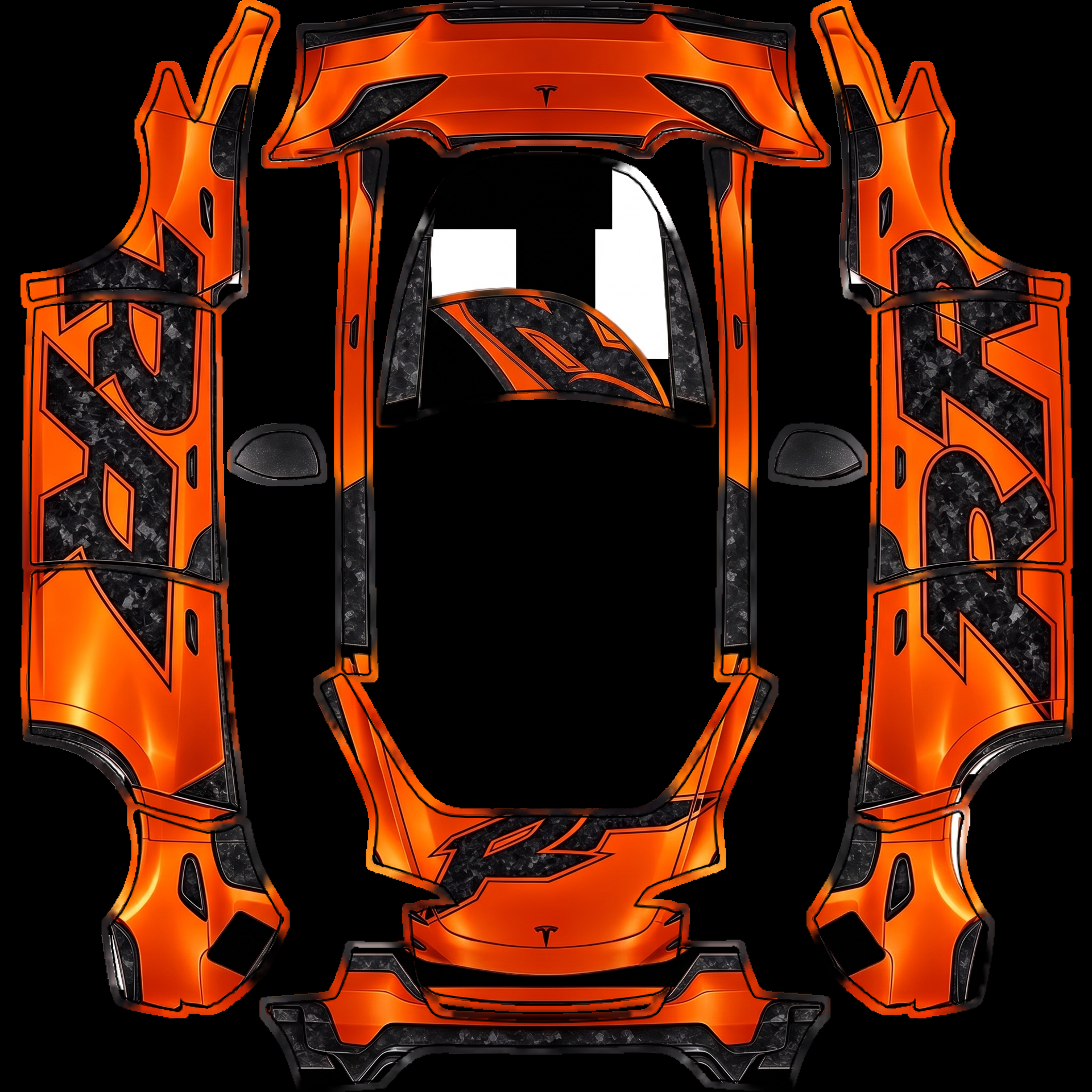 Hood: The "RR" logo large, centered — AI wrap design for a Model Y
