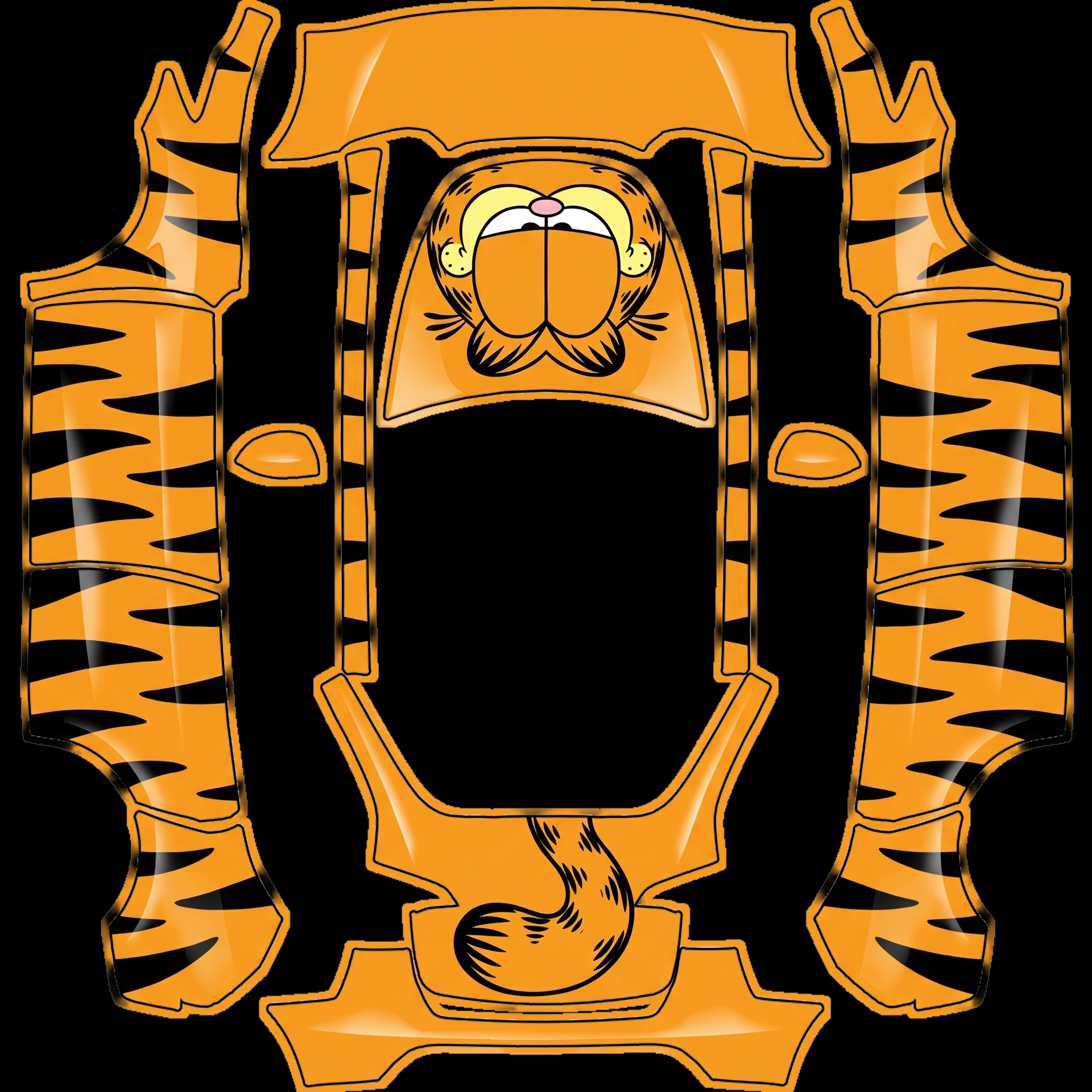 Large, centered depiction of Garfield's — AI wrap design for a Model Y