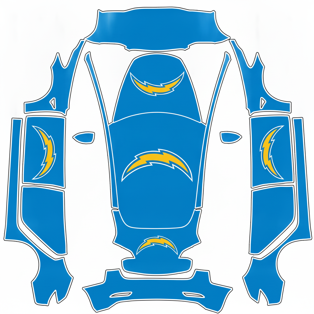 Los Angelas Chargers blue with their logo — AI wrap design for a Model 3