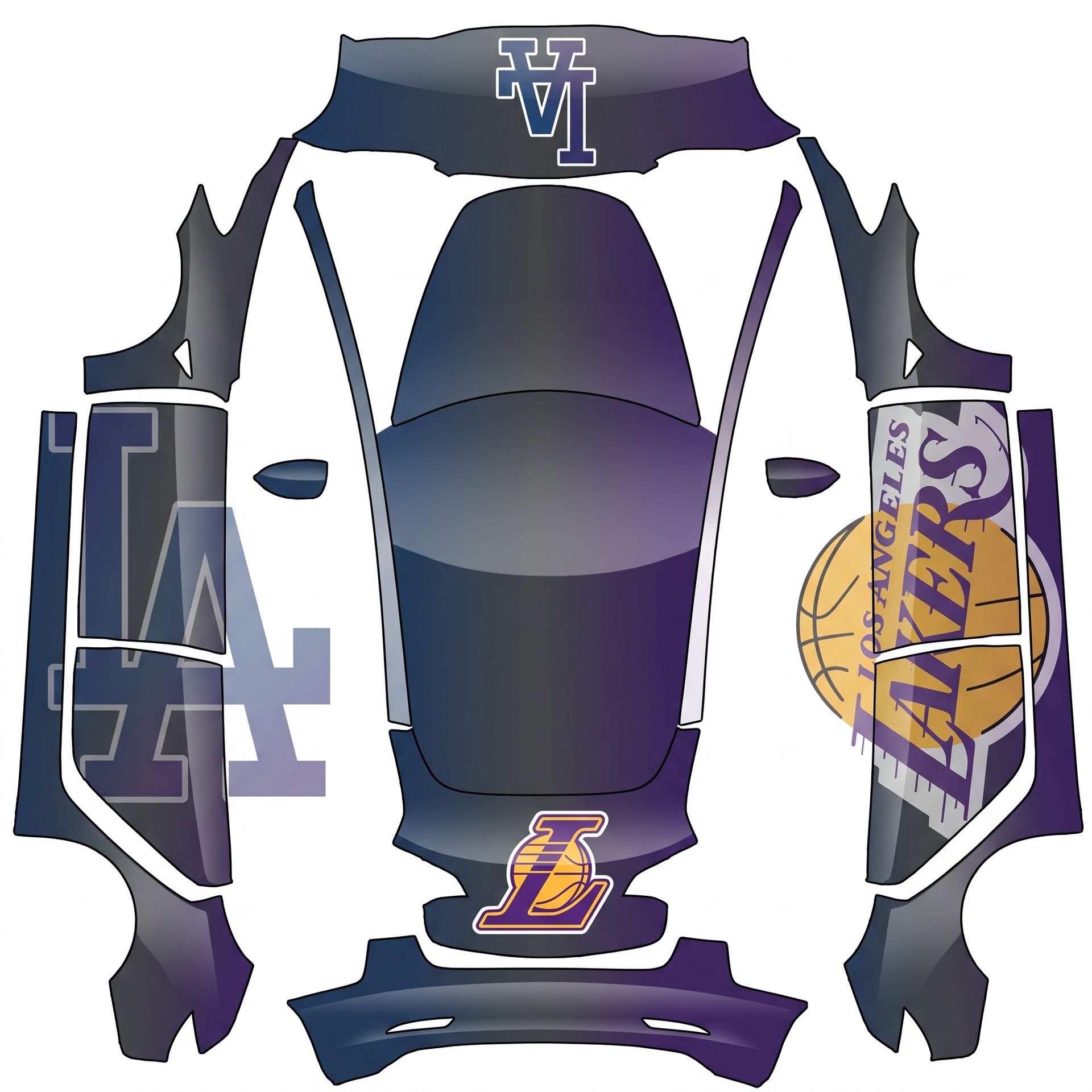 Dodgers logo and the Lakers logo blown up — AI wrap design for a Model 3