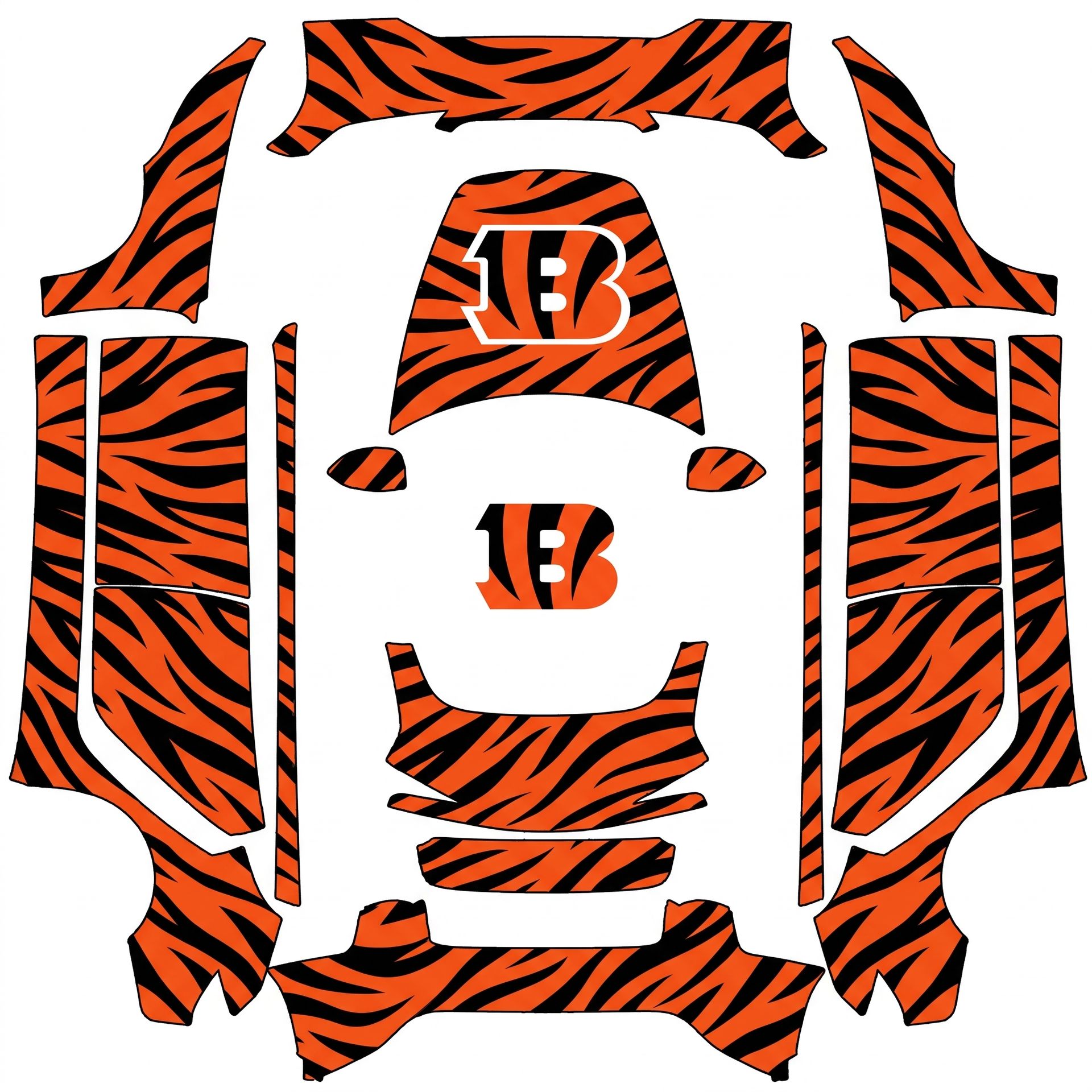 Tapered orange and black tiger stripes — AI wrap design for a Model 3 (2024+) Performance