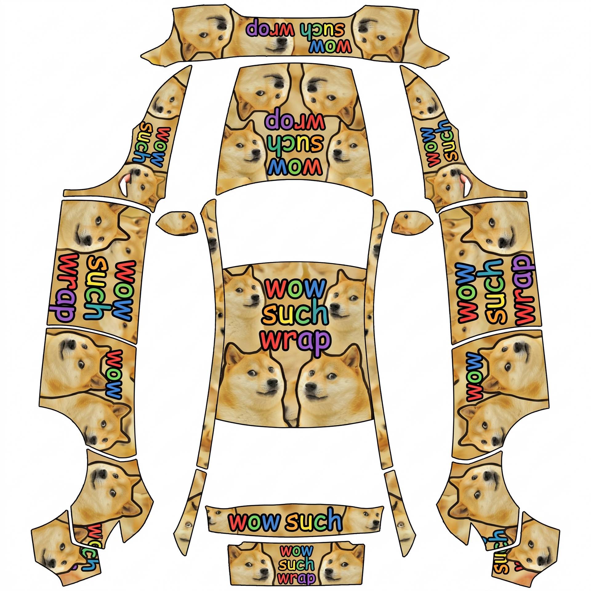 Shiba inu face, wow such wrap, comic sans — AI wrap design for a Model Y (2025+ Premium)