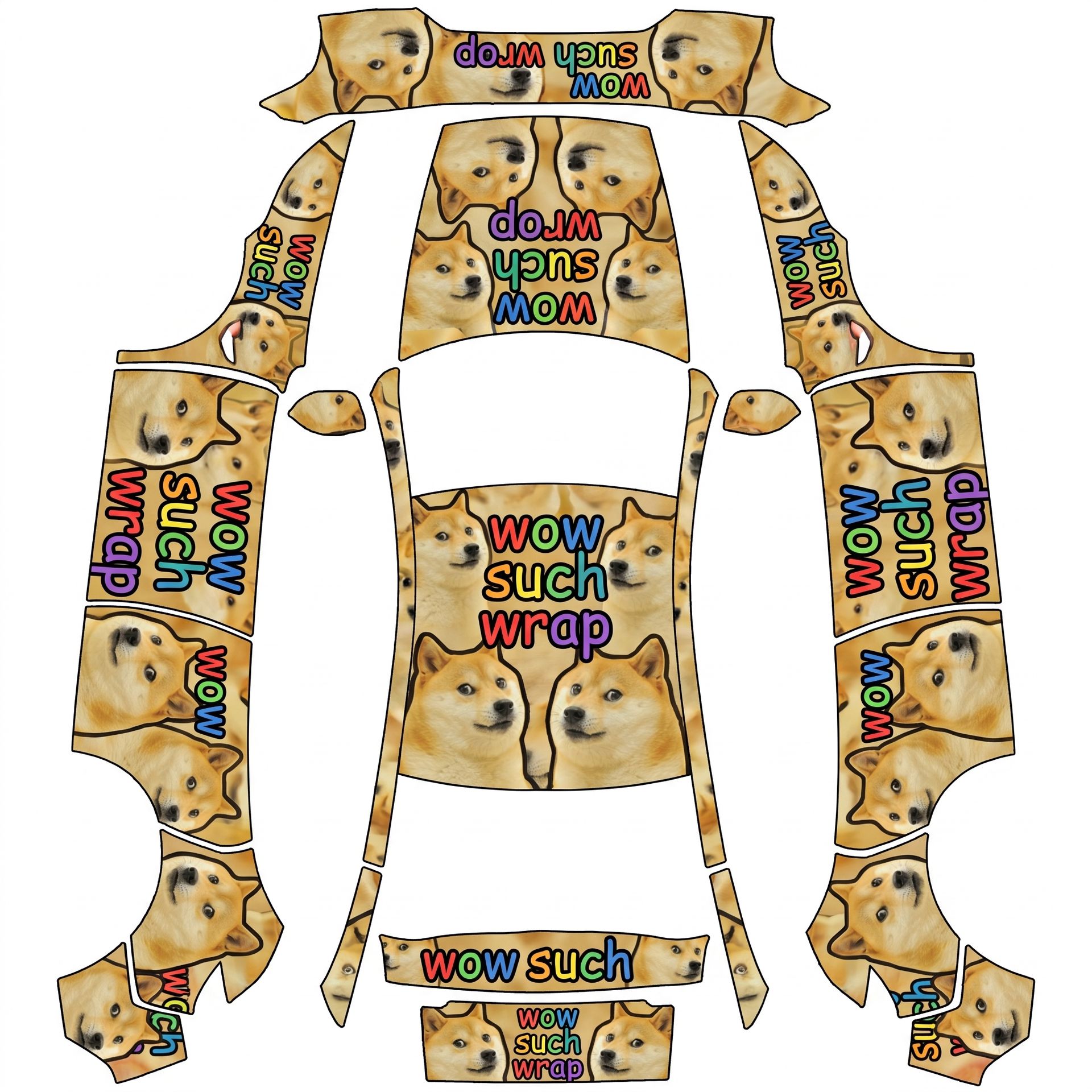 Shiba inu face, wow such wrap, comic sans — AI wrap design for a Model Y (2025+ Premium)