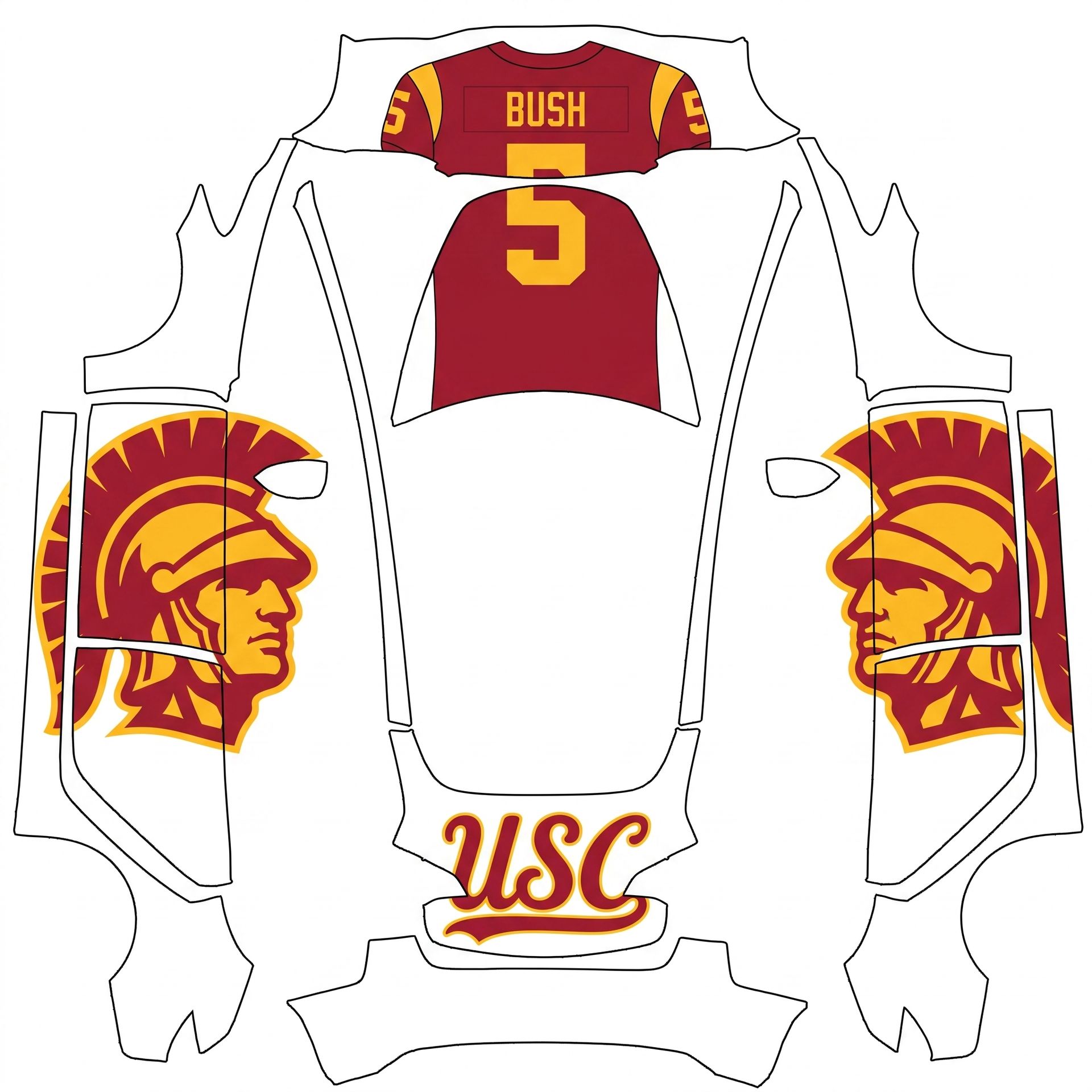 White - Large USC football logos on both — AI wrap design for a Model 3