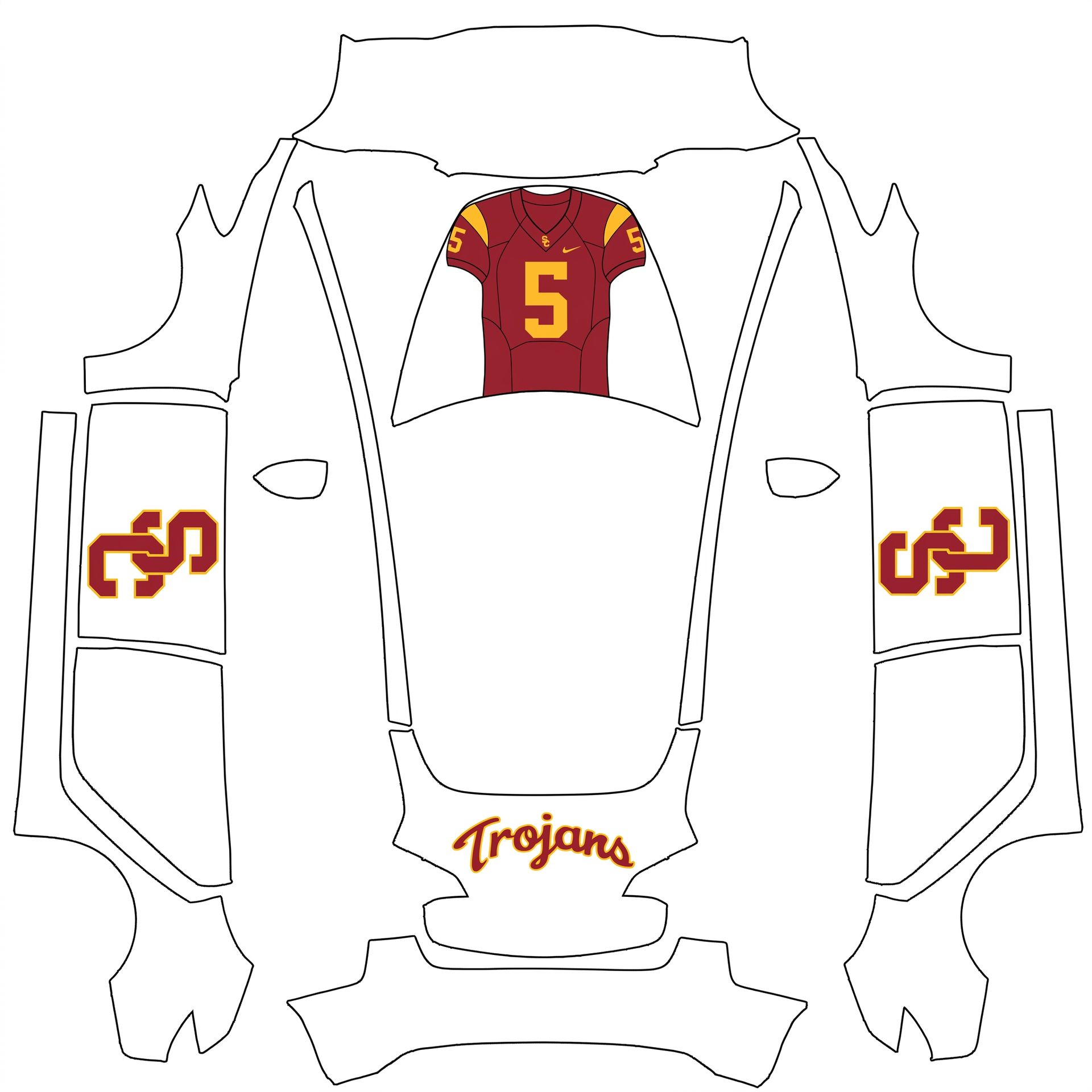 White - Large USC football logos on both — AI wrap design for a Model 3